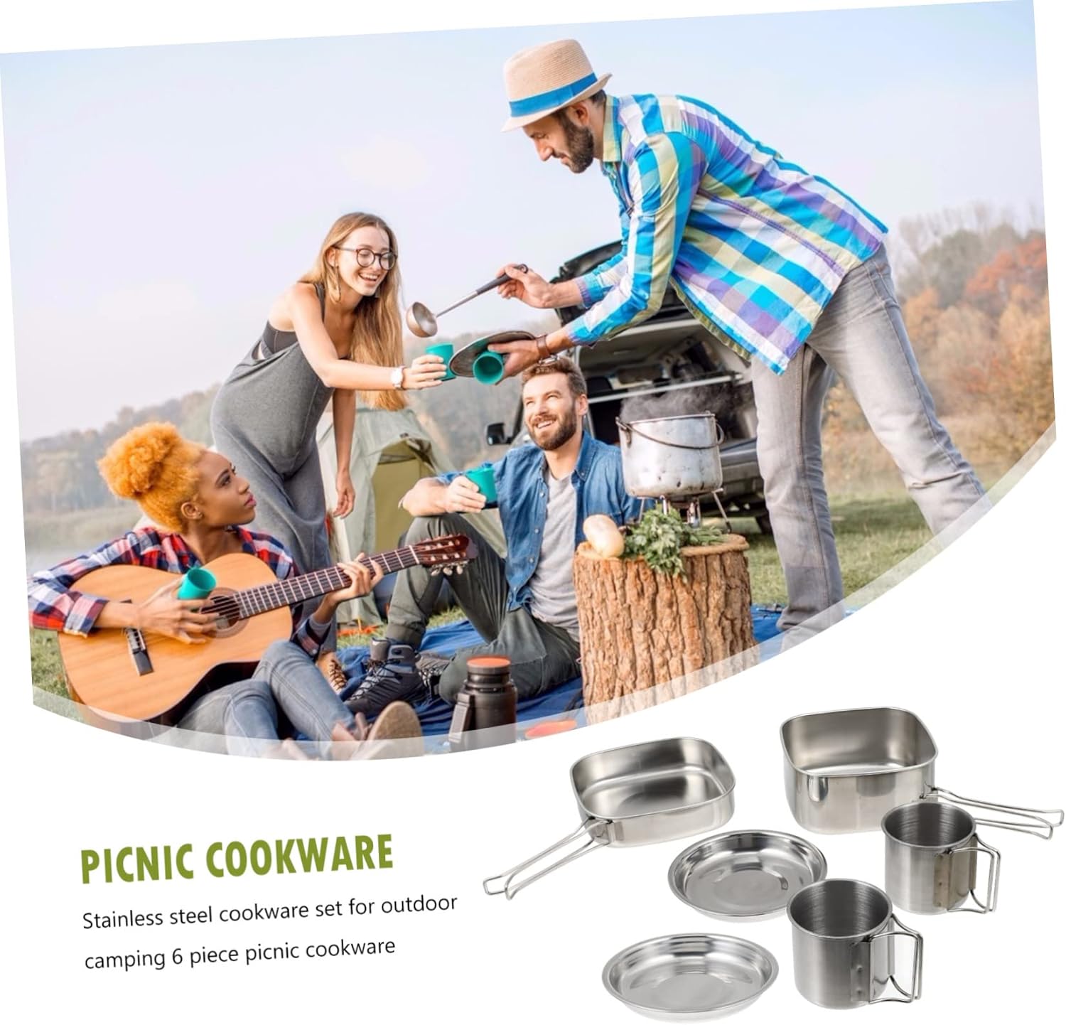 1set Outdoor Cookware Stainless Steel Camping Cooking Utensils Portable Picnic Pots and Frying Pan Easy to Clean for Camping and