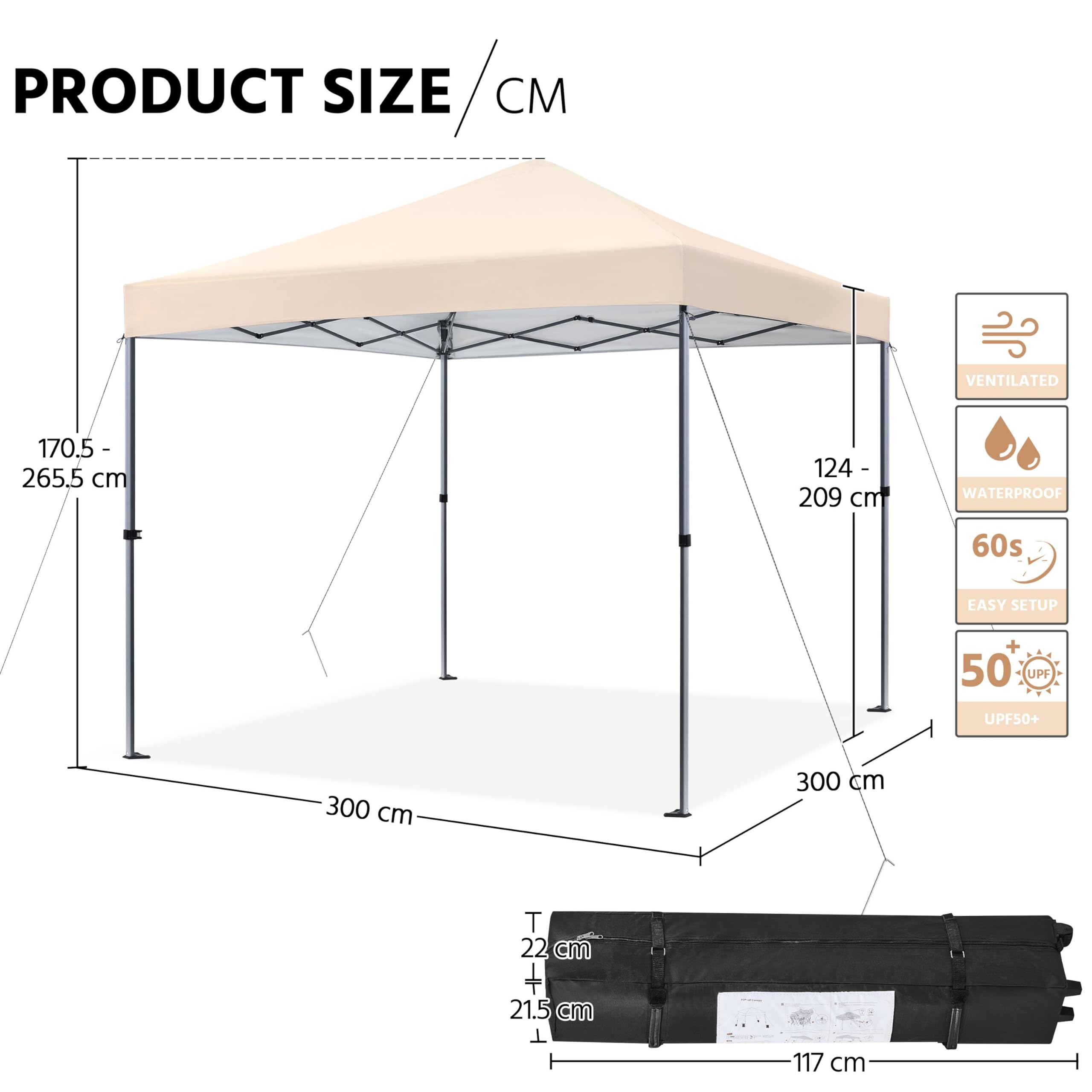 Yaheetech Paviljoen, 3 x 3 m, vouwpaviljoen, tuintent, waterdicht, feesttent, pop-up tent, 442 g/m², uv-bescherming 50 , partytent, in hoogte verstelbaar, 227 cm tot 245 cm, voor Yaheetech Paviljoen, 3 x 3 m, vouwpaviljoen, tuintent, waterdicht, feesttent, pop-up tent, 442 g/m², uv-bescherming 50 , partytent, in hoogte verstelbaar, 227 cm tot 245 cm, voor