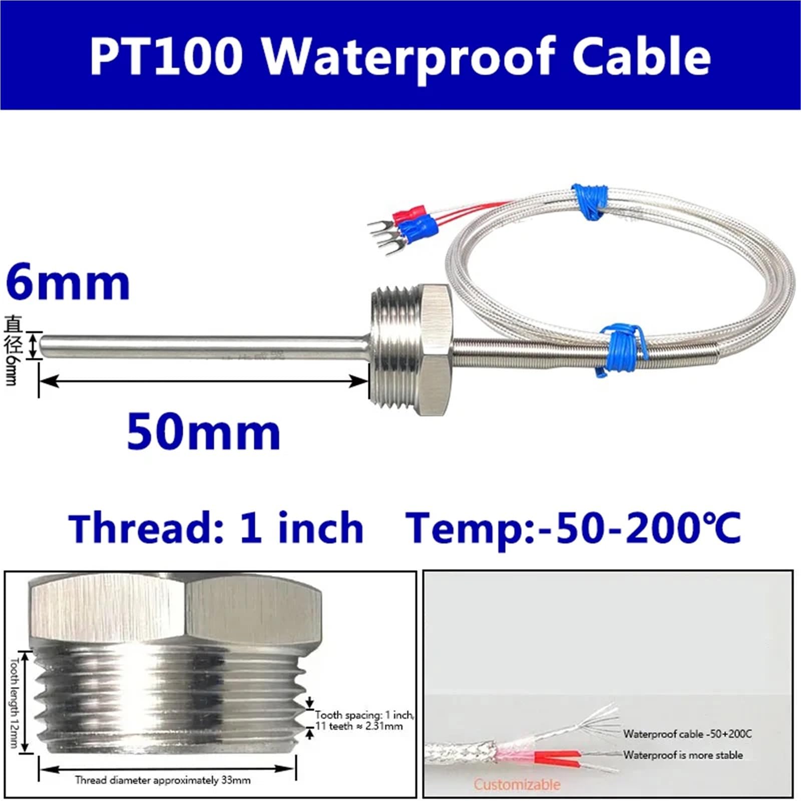 Sonda del Sensor de Temperatura PT100 Resistente al Agua, Detector de Resistencia de Alta precisión roscado Industrial de Acero Inoxidable, línea PTFE(1 Inch)