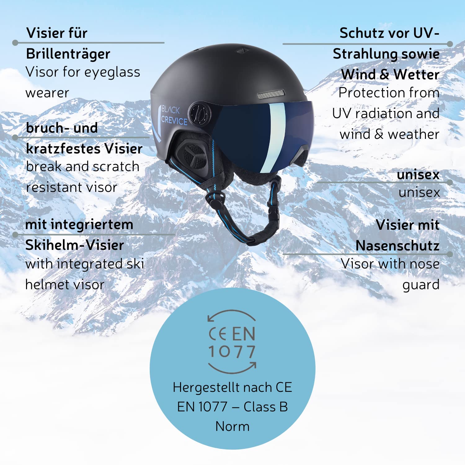 BLACK CREVICE Casco da sci Sölden I Casco da sci con visiera stile pilota in diversi colori I Casco da sci Uomo & Donna I Casco da snowboard unisex I Casco da sci traspirante I Regolabile