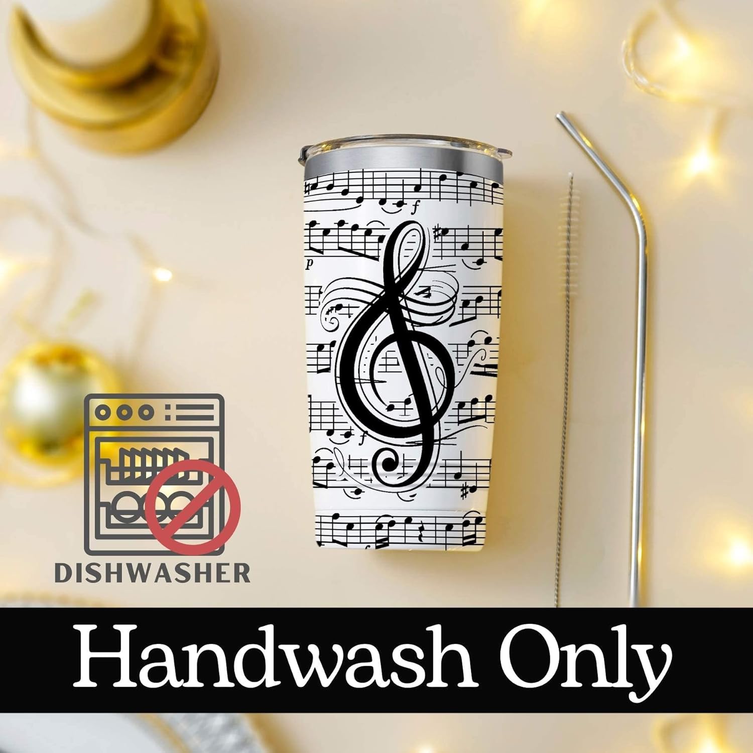 Onebttl Music Lovers Gifts - Black Music Notes Insulated Tumbler with Straw, Lid - 20 oz/590 ml Stainless Steel - Musical Gift for Him or Her - Image 4