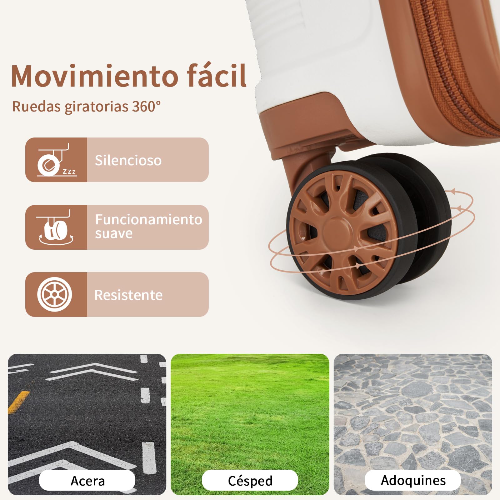 Kono Juego de Maletas de Viaje 4 Piezas PP - Equipaje con Ruedas 360° Silenciosas, Candados TSA e Incluye Estuche de Cosméticos para Toda la Familia (Crema/Marrón)