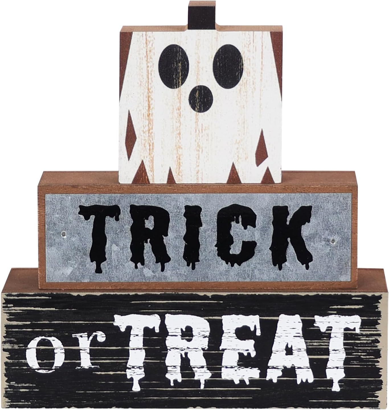 DECSPAS Halloween Decorations Indoor, Decorative Wood Block Scary Ghost Sign with TRICK or TREAT Lettered for Halloween Decor, 3-Layered Wooden Tabletop Gothic Decor for Home Table Tiered Tray Mantel