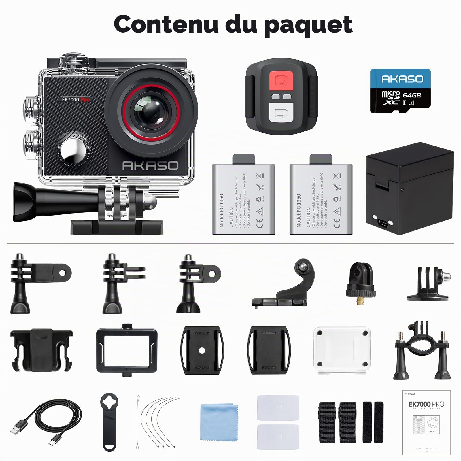 AKASO EK7000 Pro Caméra Sport 4K avec Carte MicroSDXC 64GB, 20MP WiFi Action Caméra Sportive avec Ecran Tactile, EIS Stabilisateur, Télécommande, 170° Angle Réglable, Étanche 40M et 2 Batteries