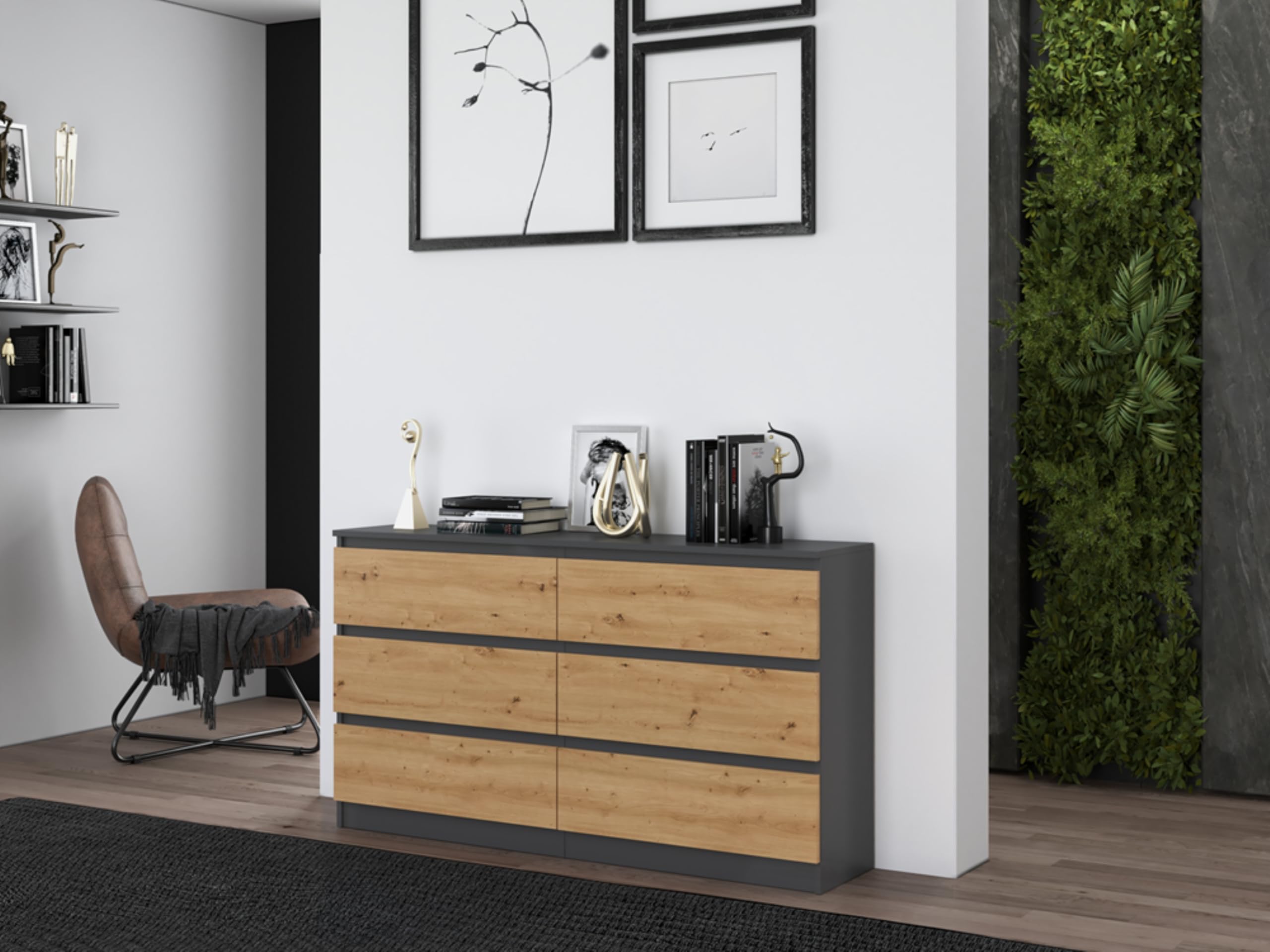 Home Collective Kommode, Schlafzimmer Flur, Schrank, Sideboard, Highboard mit 6 Schubladen, Breite 140 cm Höhe 75 | Anthrazit Artisan Perfekt für Wohnzimmer, Schlafzimmer oder Esszimmer