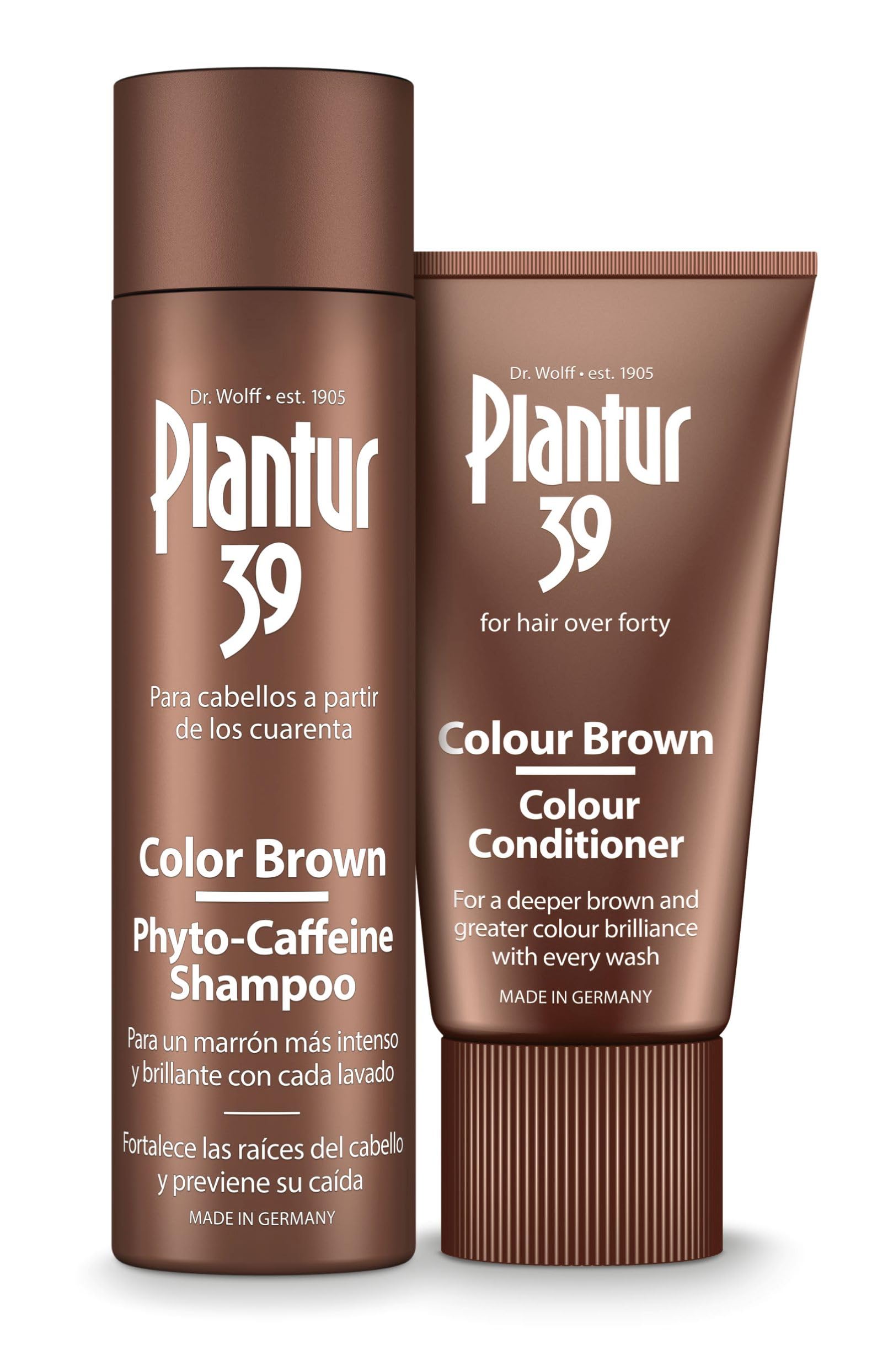 Champú de fitocafeína Plantur 39 color castaño, 250 ml + acondicionador, 150 ml – para un castaño profundo, contra la pérdida de cabello por la menopausia