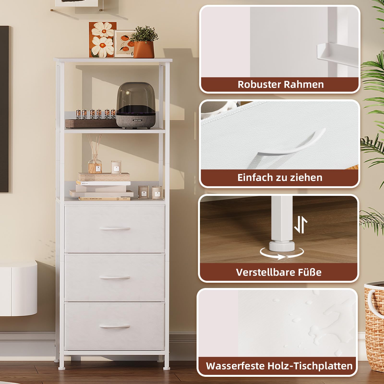 Somdot Bücherregal Standregal Aufbewahrungsregal für Arbeitszimmer Homeoffice, Büroregal Bücherschrank Präsentationsregale, 5 Ebenen 3 Stoffschubladen, Weißes Leder, 30T x 42B x 115H cm