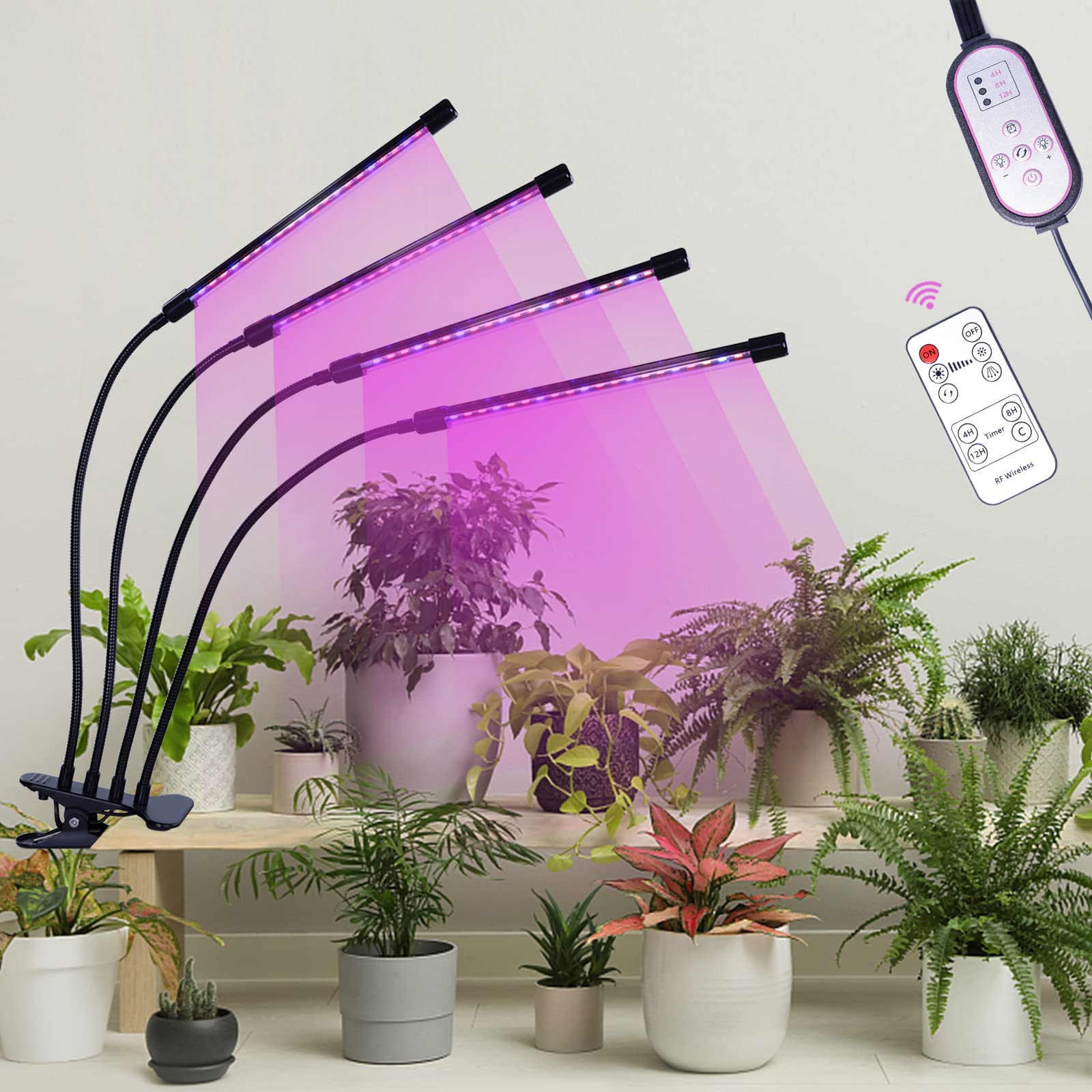 Grow Light for Indoor Plant: Full Spectrum LED Plant Grow Light, Adjustable Gooseneck, 4 Head lamp, 9 Dimmable Levels, 4/8 / 12H Timer with Remote Control