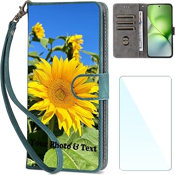 Personalized Photo Phone Case with 1 Pack Screen Protector for alcatel V3 Pro,Custom Picture Image Name Leather Flip Cover for alcatel V3 Pro - Green-JU