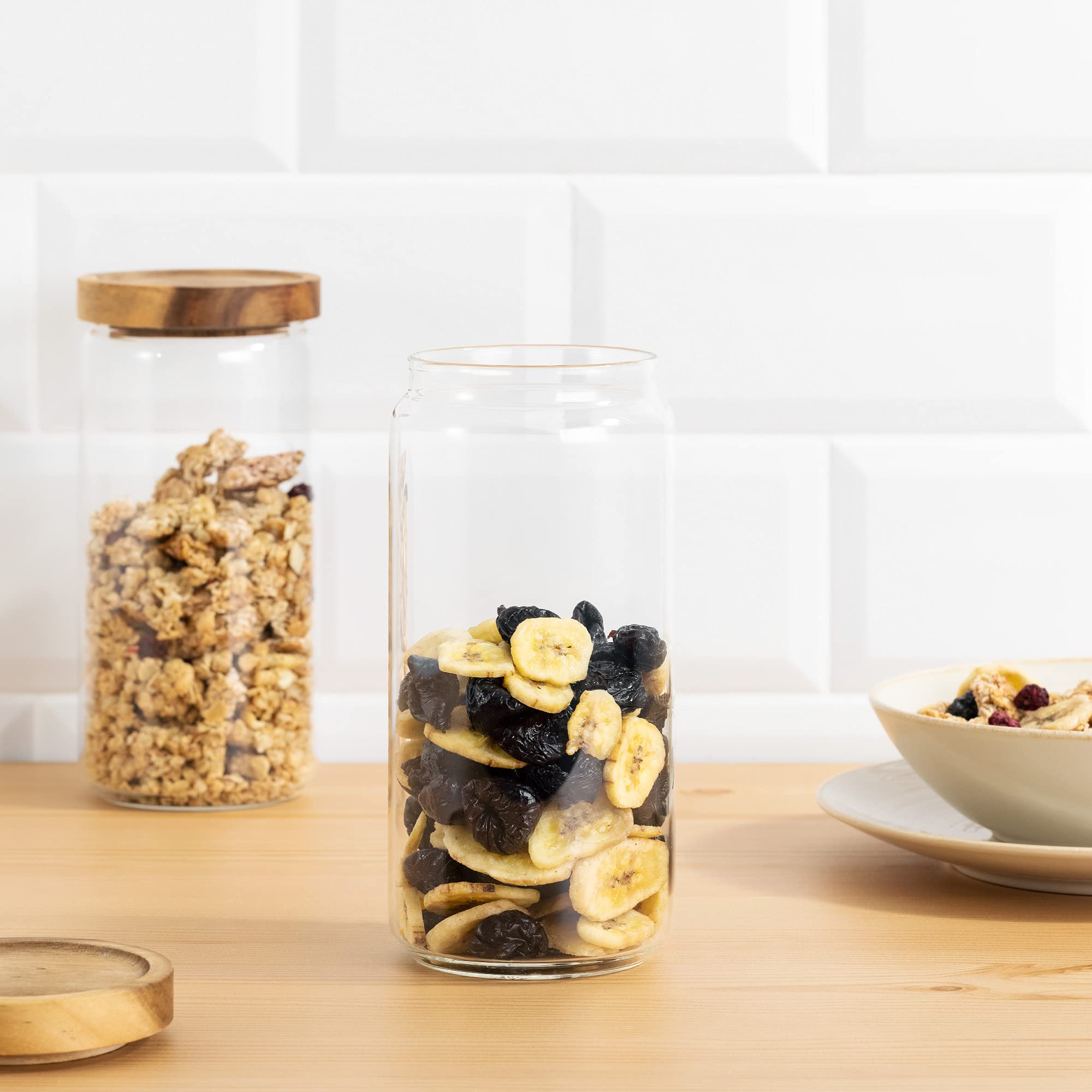 Lot De 3 Bocaux En Verre Navaris Avec Couvercle En Bois Pour Conservation Alimentaire 13,5cm