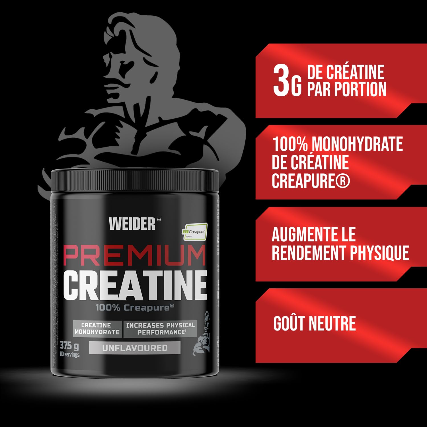 Weider Premium Creatine (375g) Goût Neutre. 100% Monohydrate de Créatine Creapure, Sans Sucre, Vegan, Augmente la Performance Physique (110 portions)