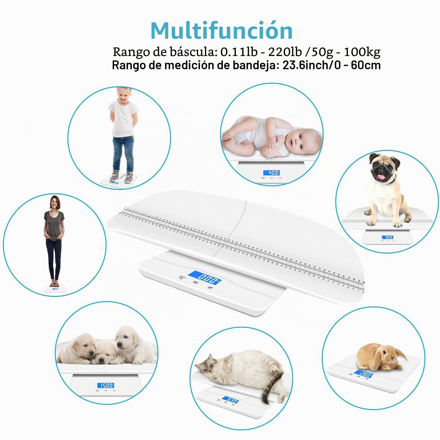 Báscula digital para mascotas, 3 modos kg/oz/lb, 220 lbs, precisión ±0.02 lbs, blanca