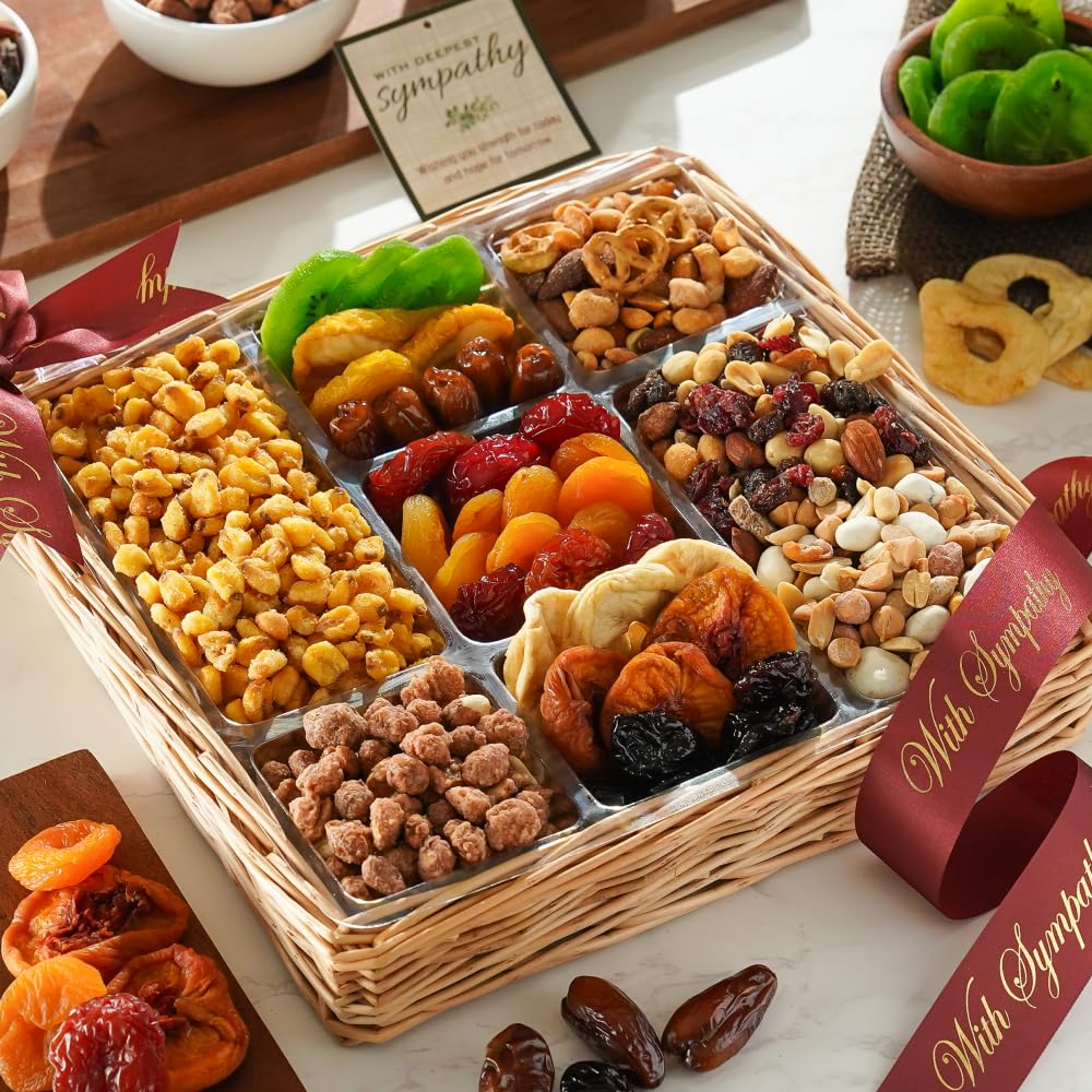 Broadway Basketeers Deluxe Sympathy Dried Fruit And Nuts Gift Basket - A Premium Healthy Condlence Gift - Corporate, Bereavement Gifts for Families