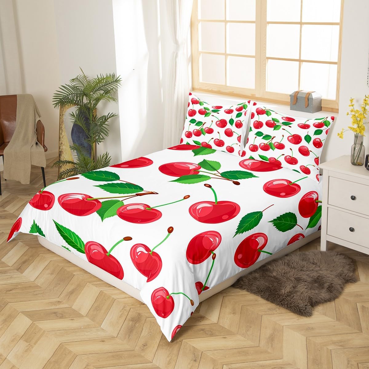 Red Pink Cherry Bedding Set Toddler Size 2 Pcs,Cartoon Natural Fruits Decorative Duvet Cover for Kids Teens Adults,Botanical Green Leaves Wild Plants Comforter Cover with 1 Pillowcase,No Comforter