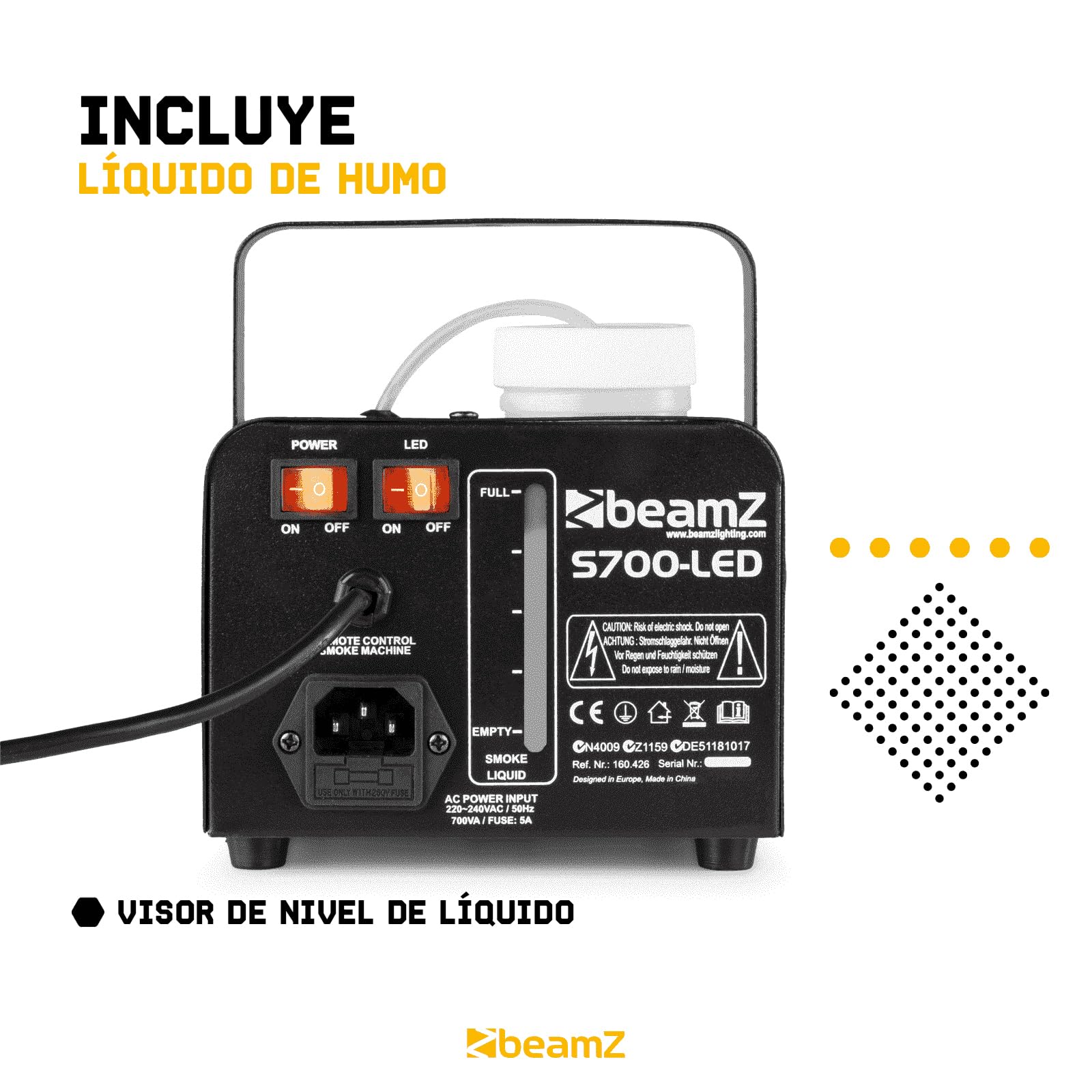 Beamz S-700-LED - Máquina de humo con leds ámbar para generar efecto fuego, 700w, genera 75m3 de humo por minuto, mando a distancia con cable de 3m, calentamiento rápido, perfecto para eventos