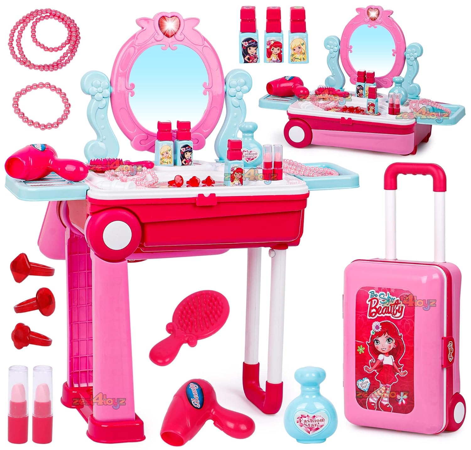 Zest 4 Toyz Beauty Makeup Kit for Doll Girls Cosmetic Set 2 in 1 Vanity Table Portable Trolley Pretend Play Set Toy with Make up Accessories for Kids Plastic (Pink) 21 Pieces (B07YLNN6FV) Amazon Price History, Amazon Price Tracker