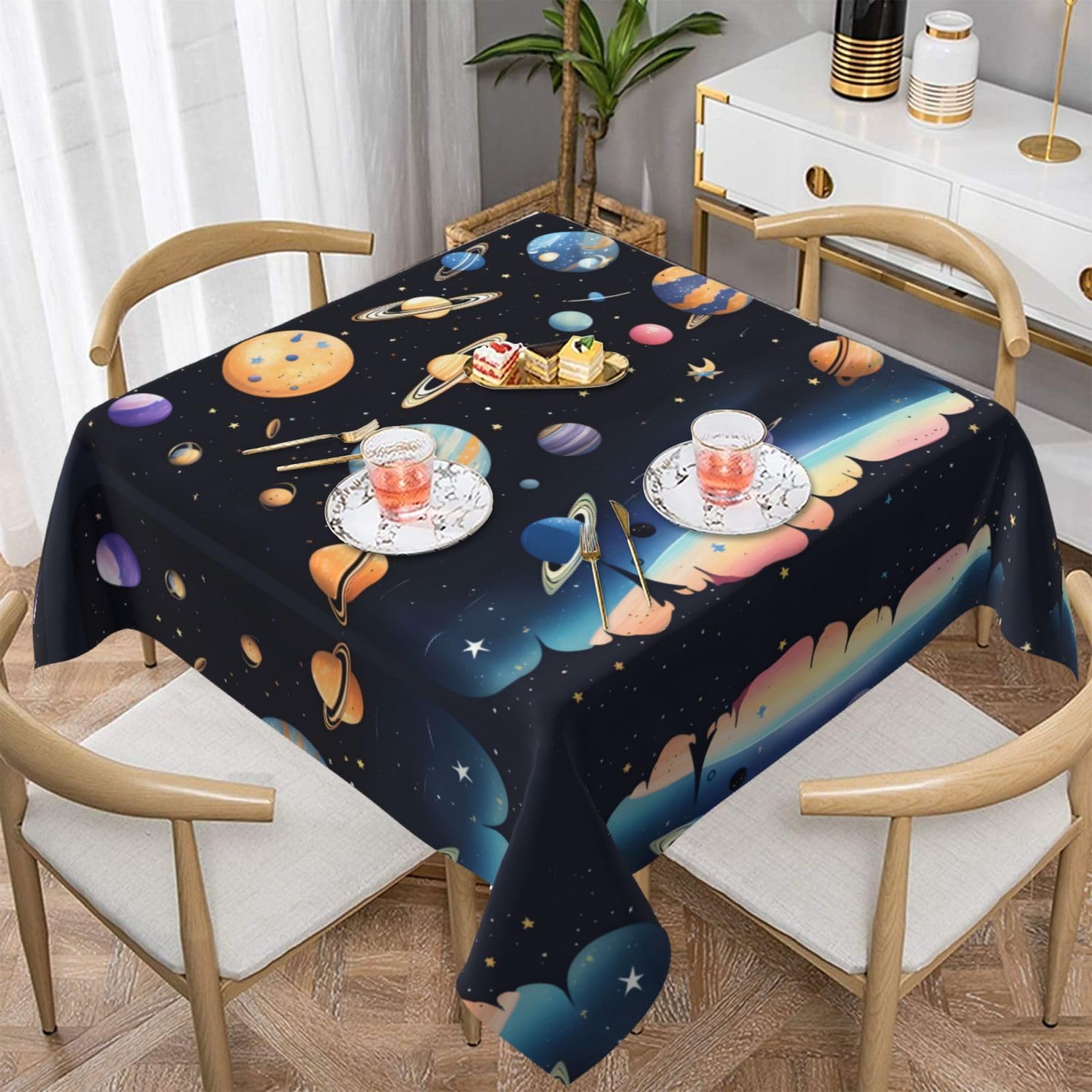 Saturn Jupiter Earth Prints Tablecloth Square decorative 54"x54" Thick suitable for square tables,kitchen dining room table decoration.