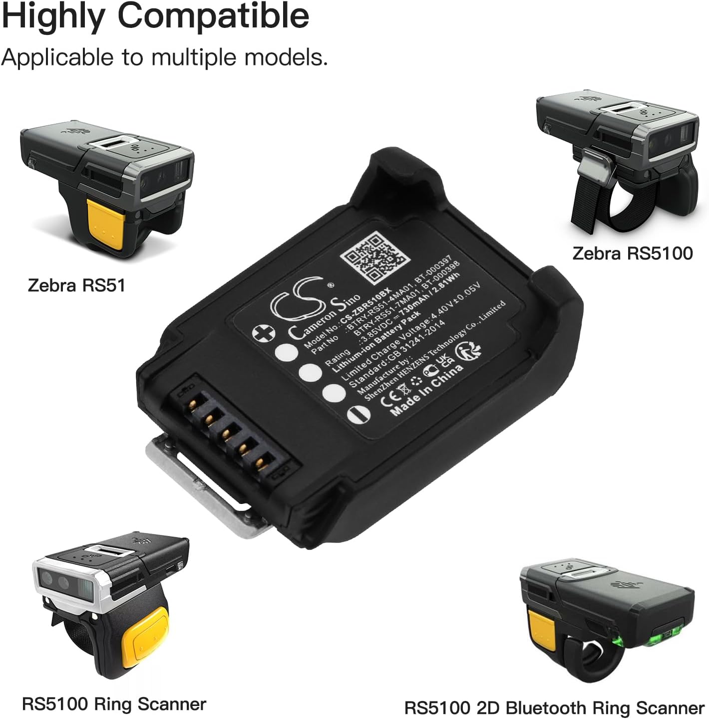 730mAh Replacement Battery Fit for Zebra RS51, RS5100, RS5100 2D Bluetooth Ring Scann, RS5100 Ring Scanner BT-000397, BT-000398, BTRY-RS51-4MA01(730mAh)