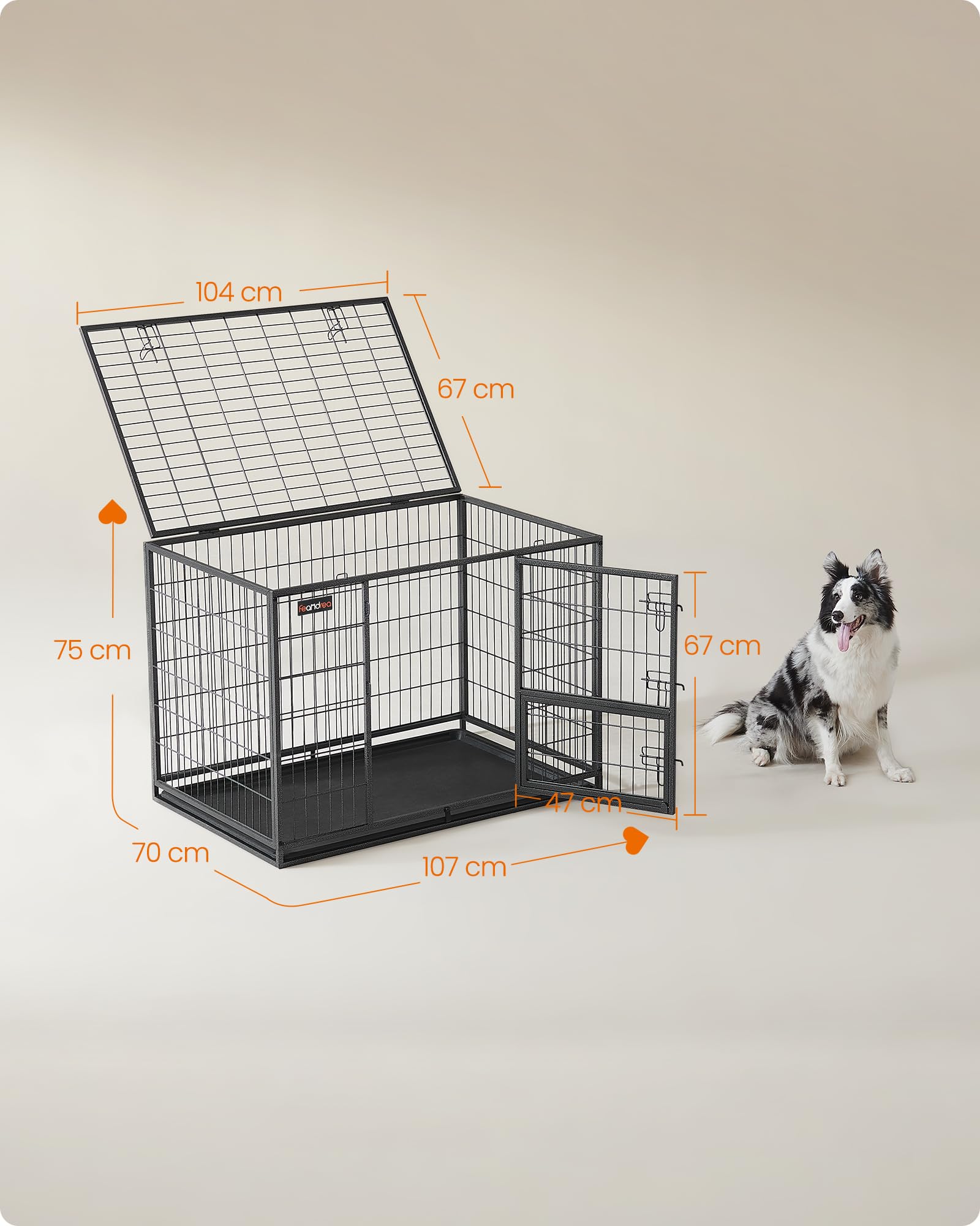 Feandrea Jaula Pesada para Perros, Jaula de Mascotas, 107 x 70 x 75 cm, para Perros Medios y Grandes, Antiescape, Doble Puerta Extraíble, Parque, XL, Gris PPD001G01