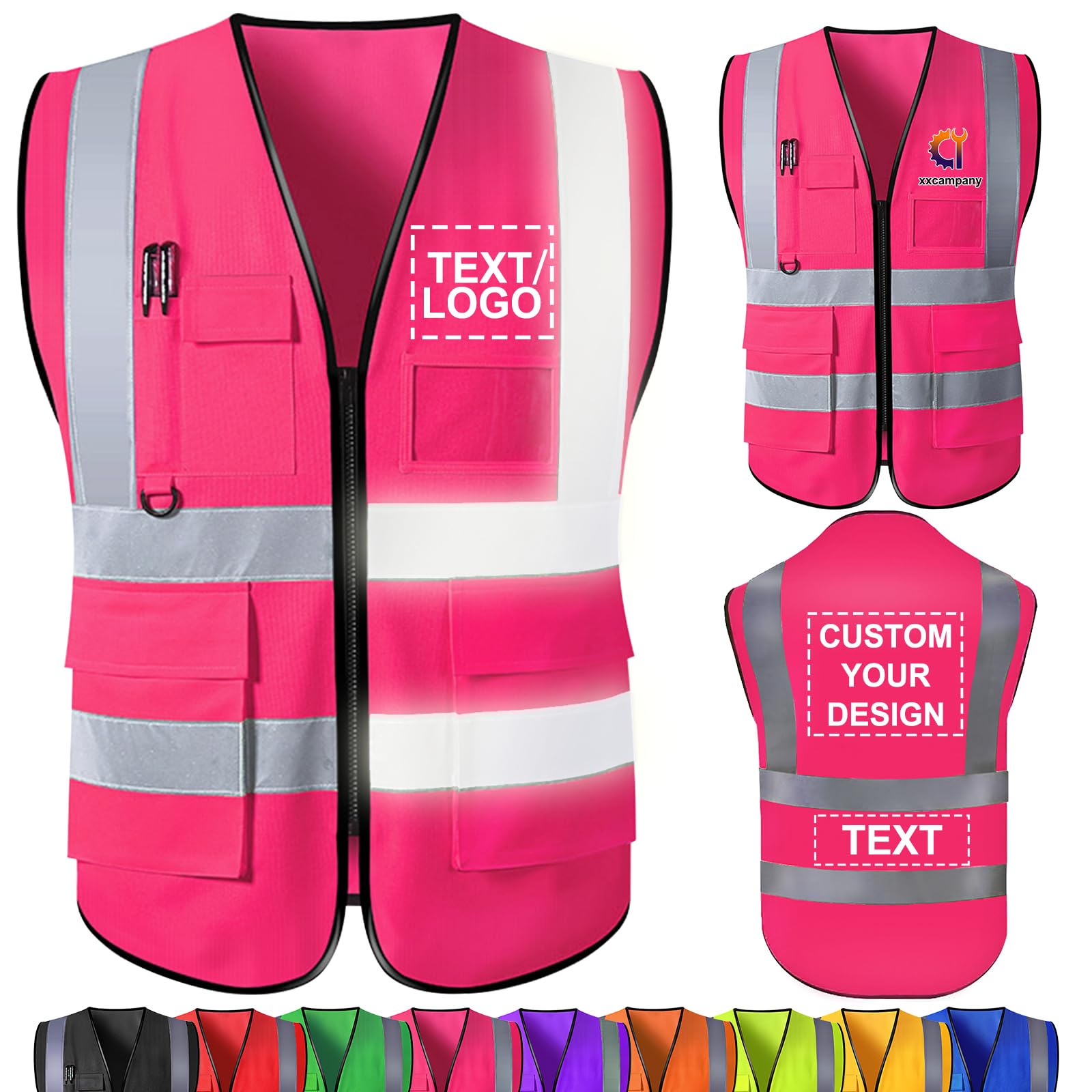 Custom Safety Vest Bulk with Name Logo Text Personalised High Visibility Reflective Vests with Pockets Customised Work Vest for Men Construction Employee Pink 3X-Large โ image 1