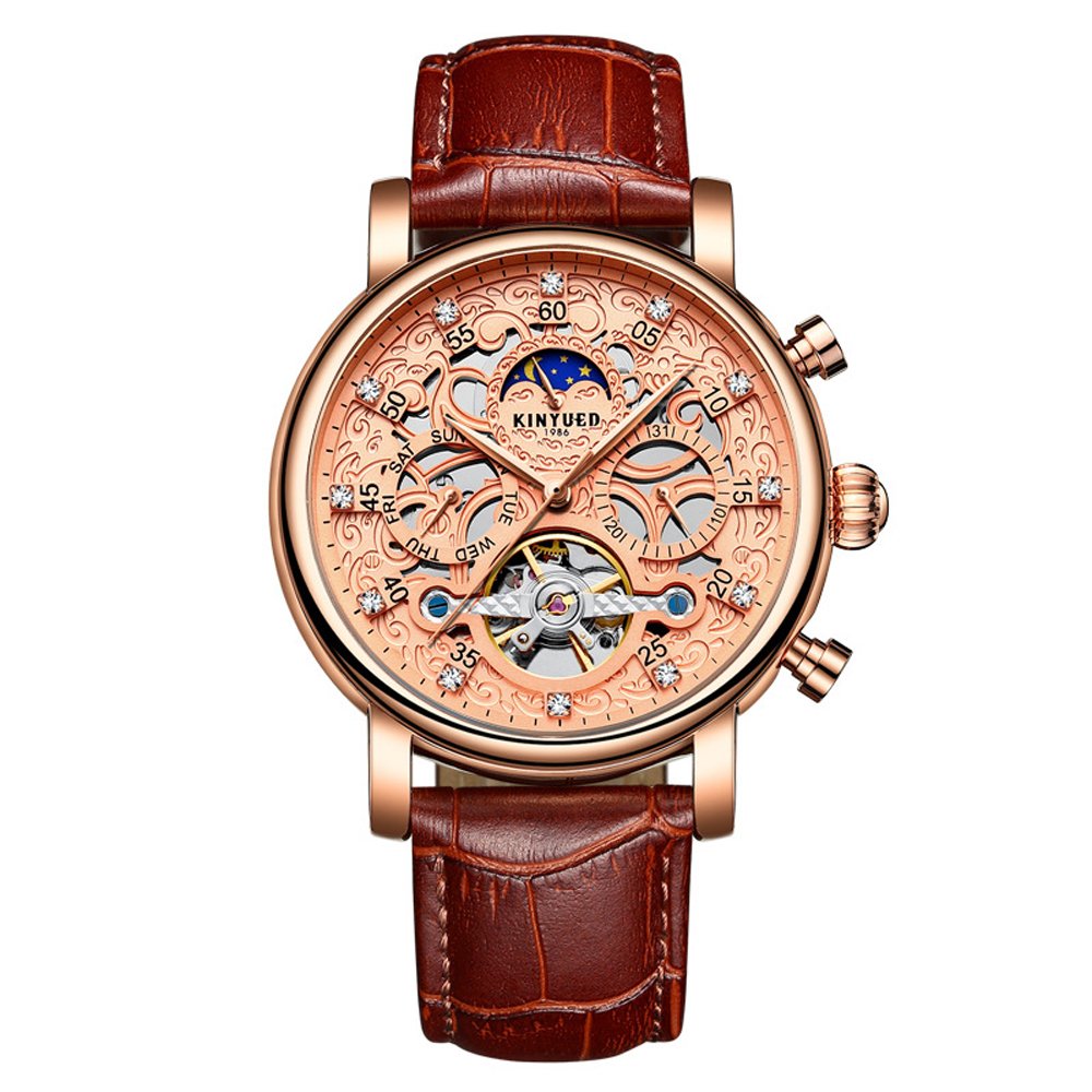 Men's Watches Tourbillon Hollow Dial Automatic Mechanical Business Series Waterproof Leather Strap Watch (Rose White)
