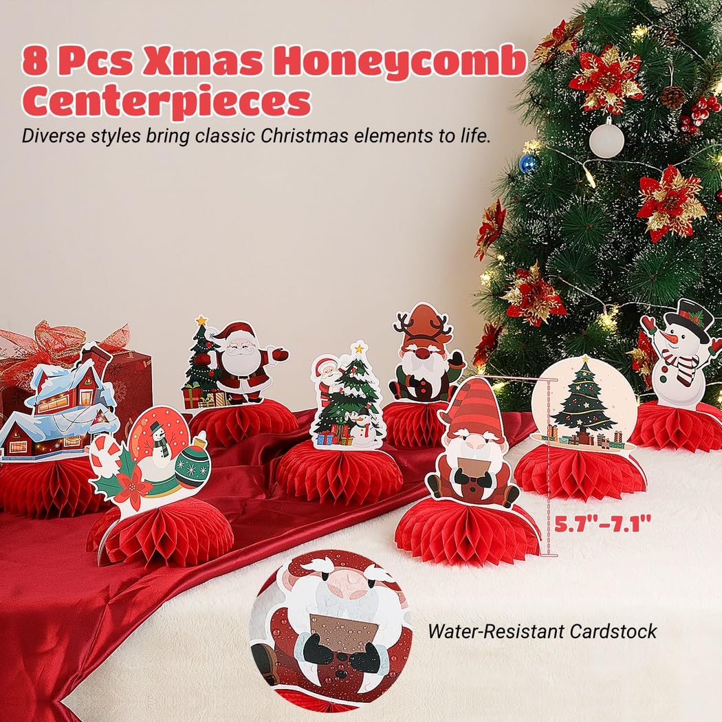 Portavelas de Navidad con cuerda de luz blanca cálida, 8 centros de mesa de panal, portavelas 3 en 1 con bayas rojas y lazos de cinta, decoraciones de Navidad de Papá Noel para el hogar