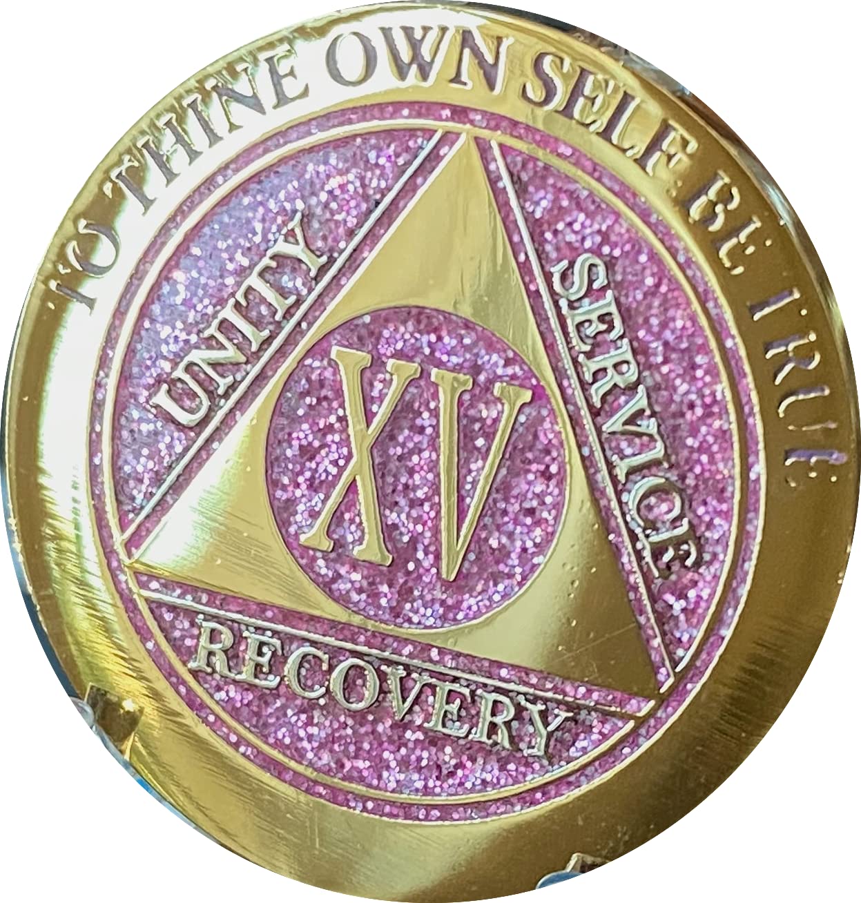 15 Year Elegant Glitter Pink Gold Silver Bi-Plated AA Medallion Chip XV