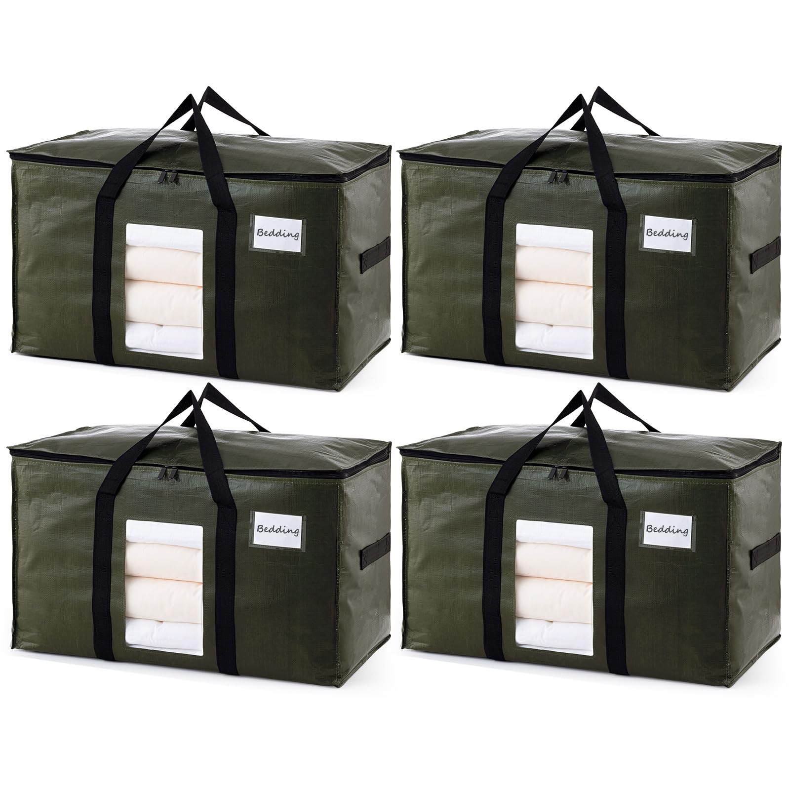 TAILI Moving Bags Extra Large,Heavy Duty Storage Bags with Zips for Clothes,Beddings,Duvets,Travel,Camping,moving,Loft Storage,Clear Window & Reinforced Handles(4 Pack green)