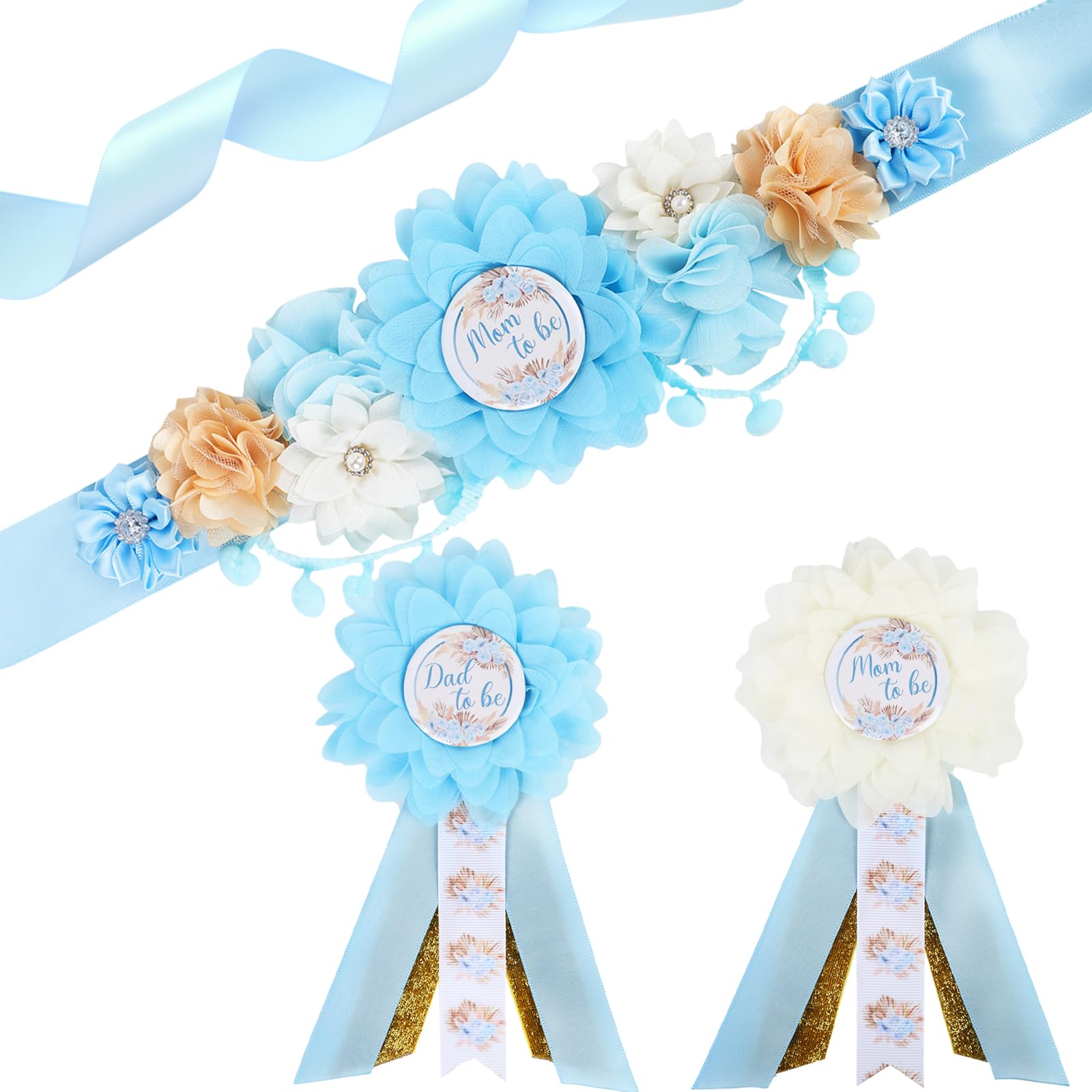 Cheerupp Boho Baby Shower Maternity Sash Kit - Blue Neutral Baby Shower Belly Belt and Mom to Be & Dad to Be Corsage Pins, New Parents Pregnancy Photo