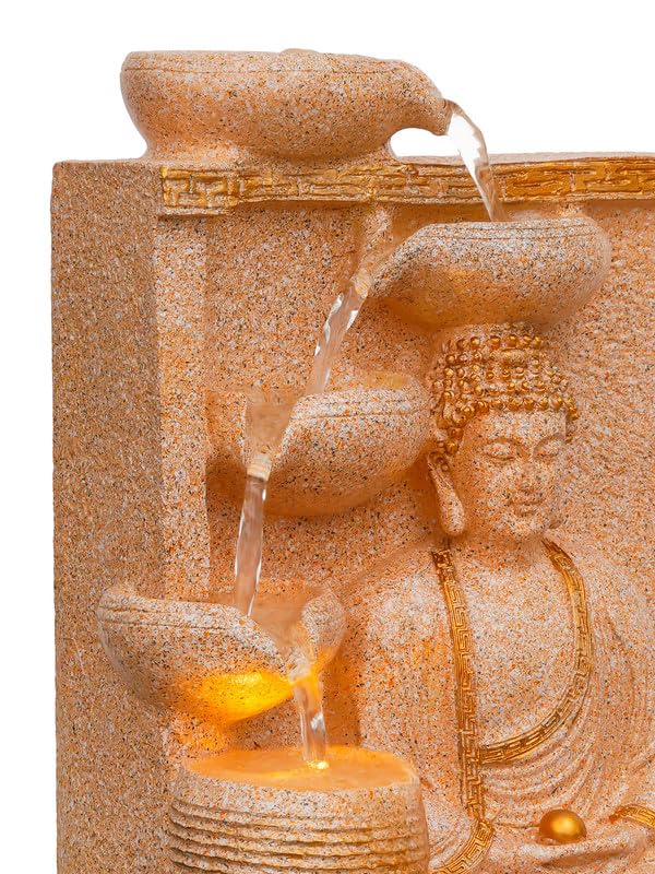 Image of Polyresin Sand Meditating Buddha Tabletop Indoor 4 Diya Steps Water Fountain for Home Decor with Yellow LED Light & Speed Controller Pump (Size: 40 x 29.5 x 22CM | Wt: 2685grm)