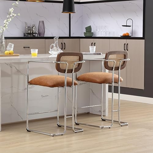 Miniatura 9 de LukeAlon Juego de 2 taburetes de mimbre de piel sintética, tapizados de 25.5 pulgadas de altura de asiento, taburetes de bar bajos con patas de