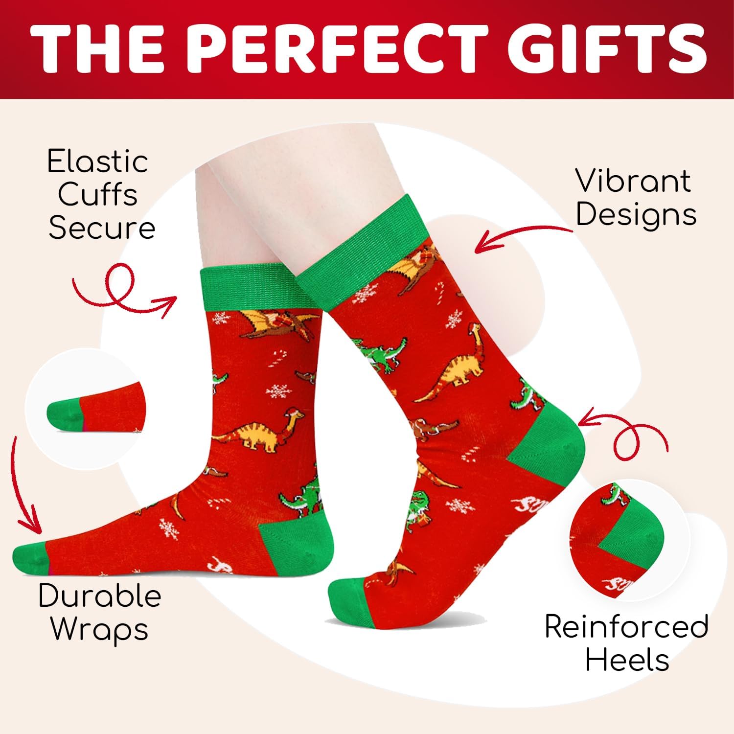 HAPPYPOP Christmas Socks Gift - Elf Xmas Dinosaur Socks for Boys Girls with Greeting Card - Image 4