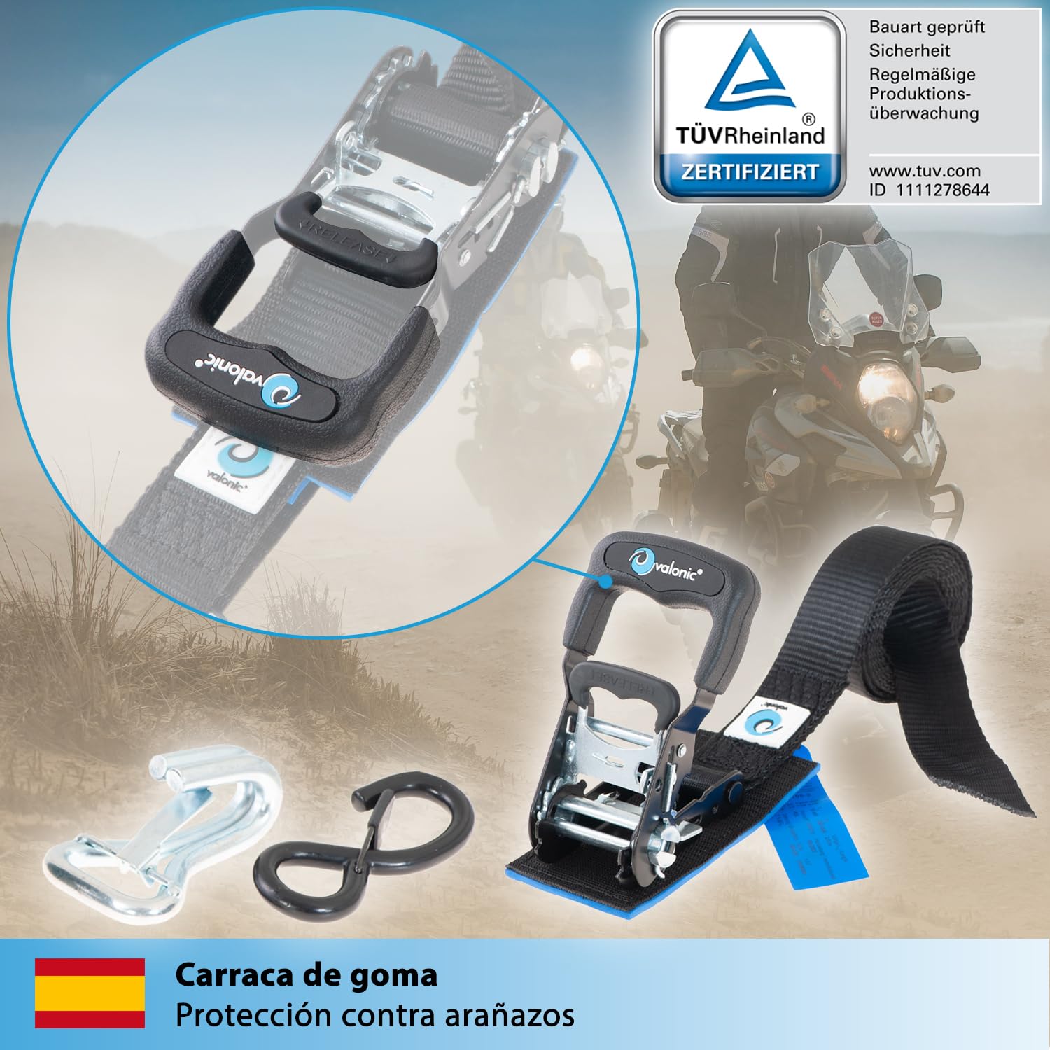valonic Panther - 2X 2,25m cincha de Amarre con trinquete para Motos, 38mm, 650/1300 Kg, Acolchado, Certificado TÜV Rheinl/GS, EN 12195-2 - Distancia de tensado Corta, para remolques