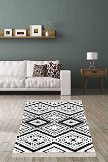 On The Clouds Geometrik Karo Desen Siyah Beyaz Dijital Baskı Yıkanabilir Kaymaz Taban Modern Salon Halı ve Yolluk BLT-S-234, 160 x 350