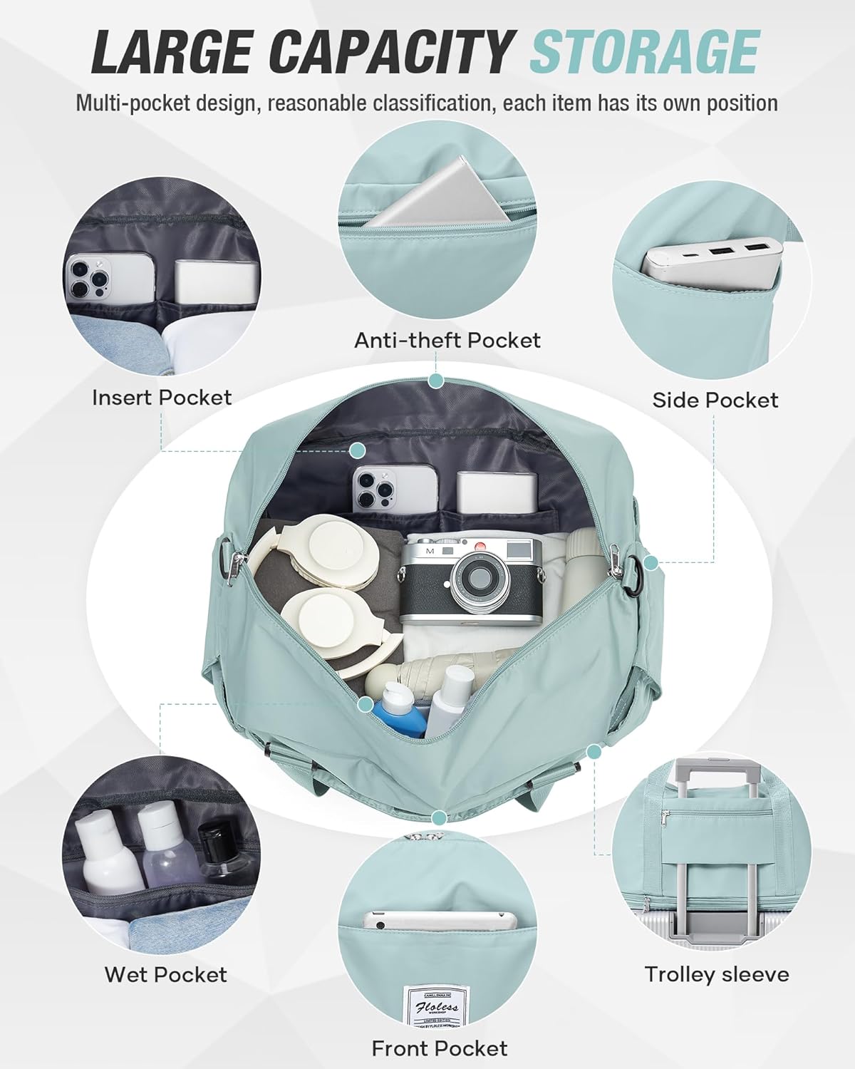 Expandable Travel Duffle Bag for Women Men, Large Gym Bag Travel Tote Bags, Waterproof Carry On Personal Item Bag Airline Approved, Overnight Workout Weekender Bag with Luggage Sleeve, Light Blue - Image 5