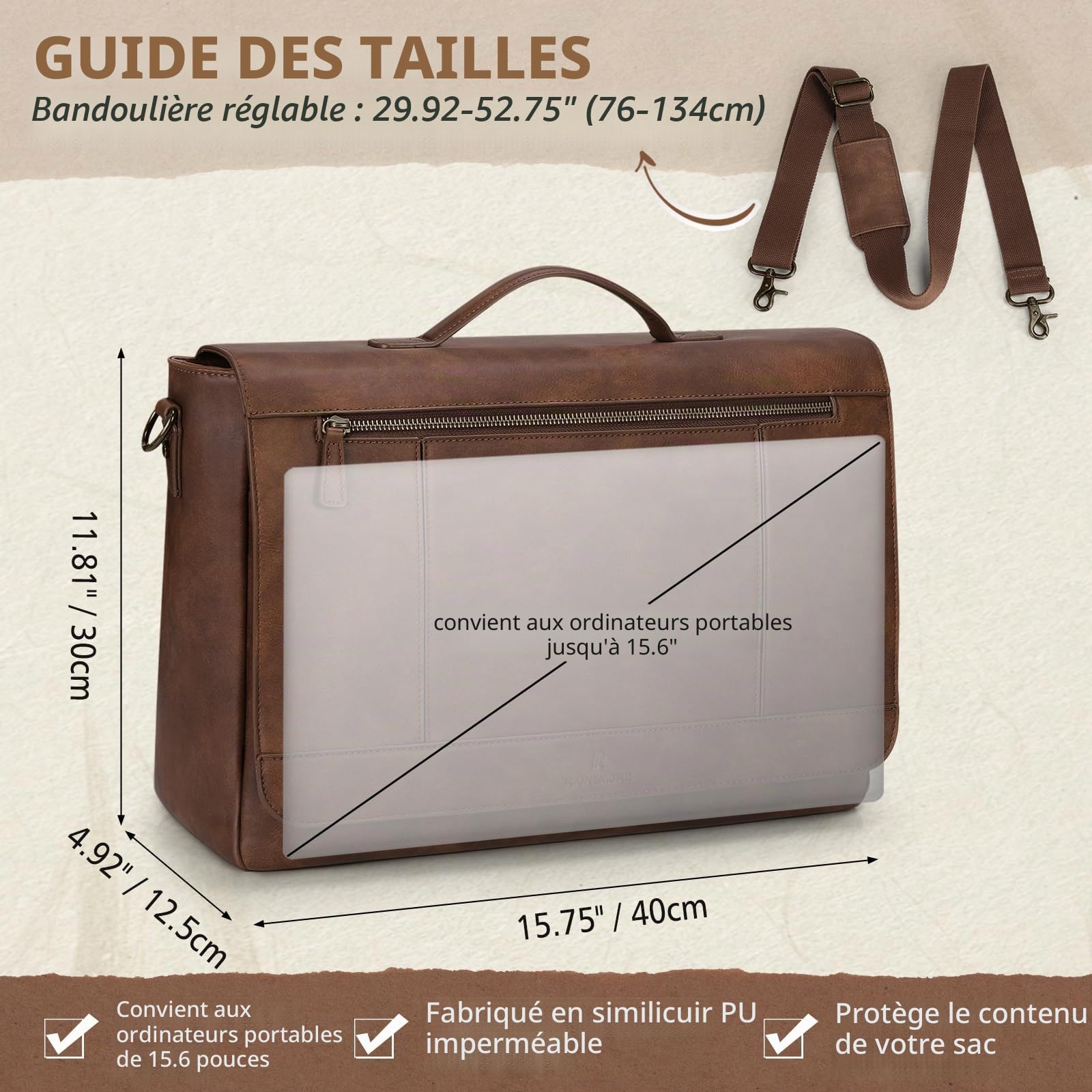 RAINSMORE Sac à bandoulière en cuir pour homme de 15,6 pouces - Étanche - Style vintage - Grande sacoche à bandoulière - Pour le travail, le bureau, l'université