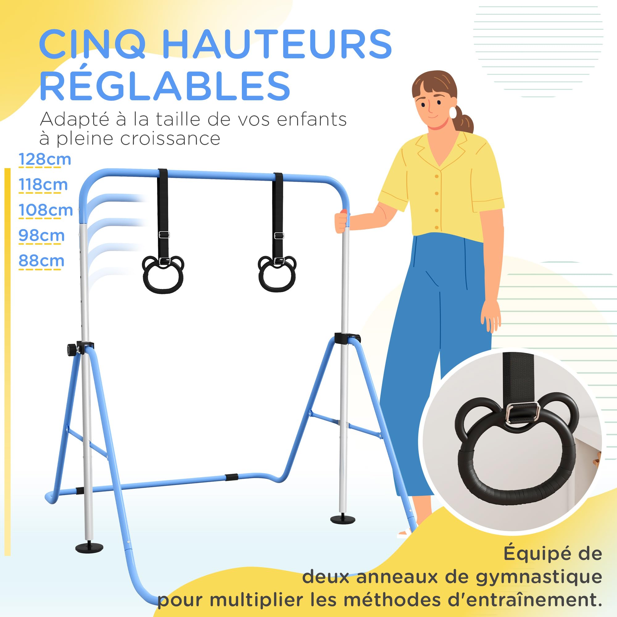 HOMCOM Barre de Gymnastique pour Enfants, Barre Horizontale, équipement de Gymnastique Pliable à Hauteur réglable 88-128 cm avec Anneaux de Gymnastique