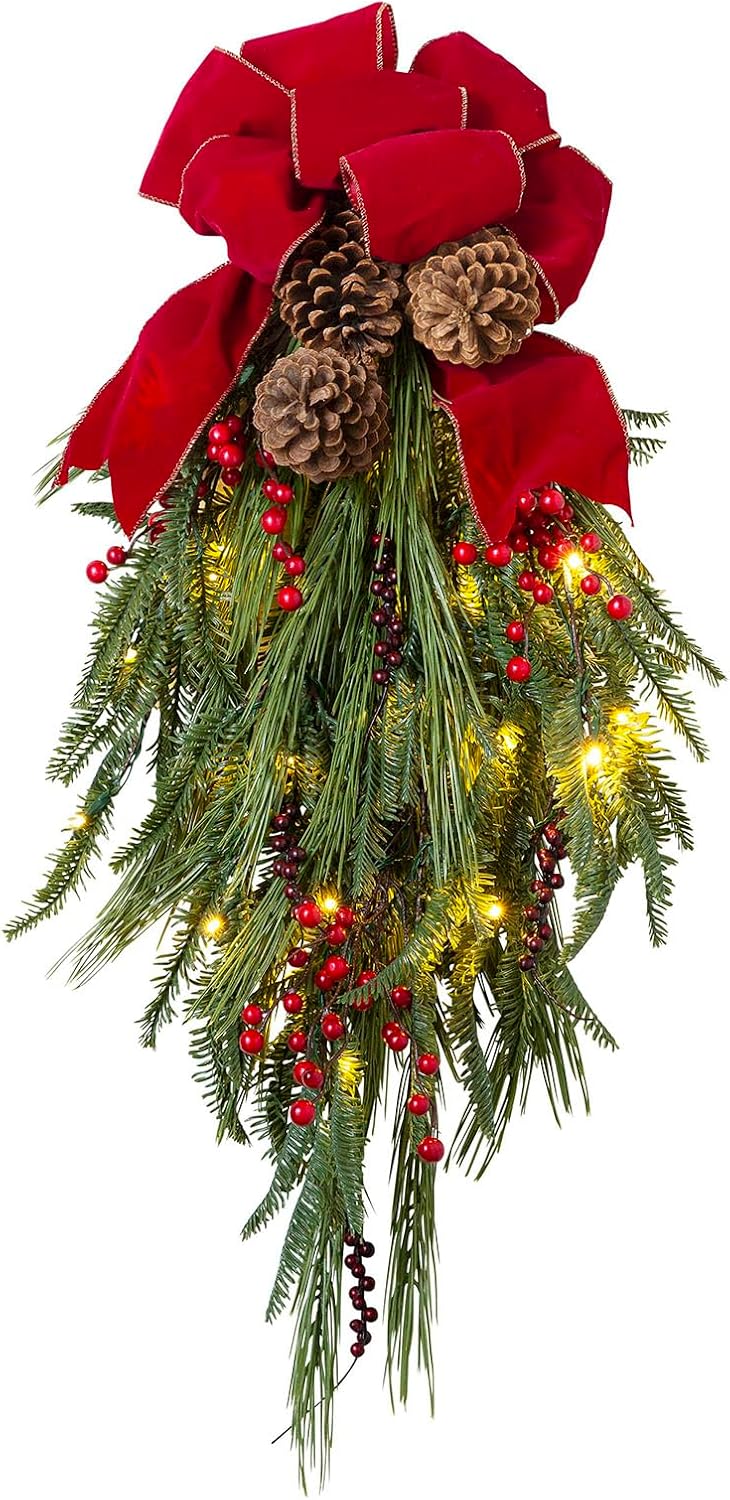 Balsam Hill Outdoor Pine Peak Holiday Swag - 30" Timeless Evergreens Christmas Decoration with Red Berries, Metallic Ornaments & Battery-Operated LED Clear Lights
