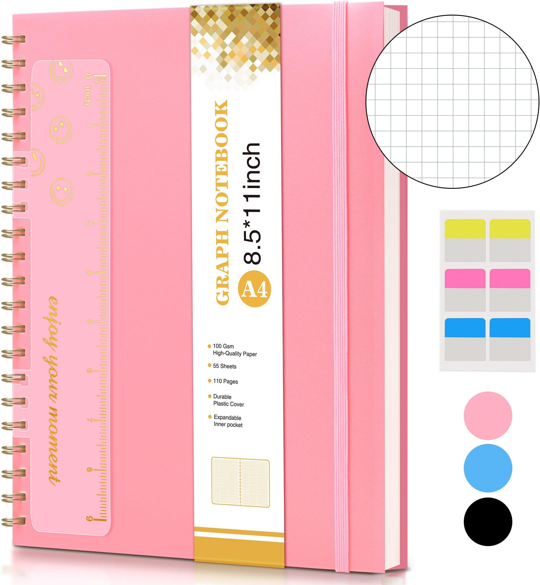 UEBZFOCS Graph Spiral Notebook College Ruled A4 Spiral Bound Journal 8.5” x 11”, Pink