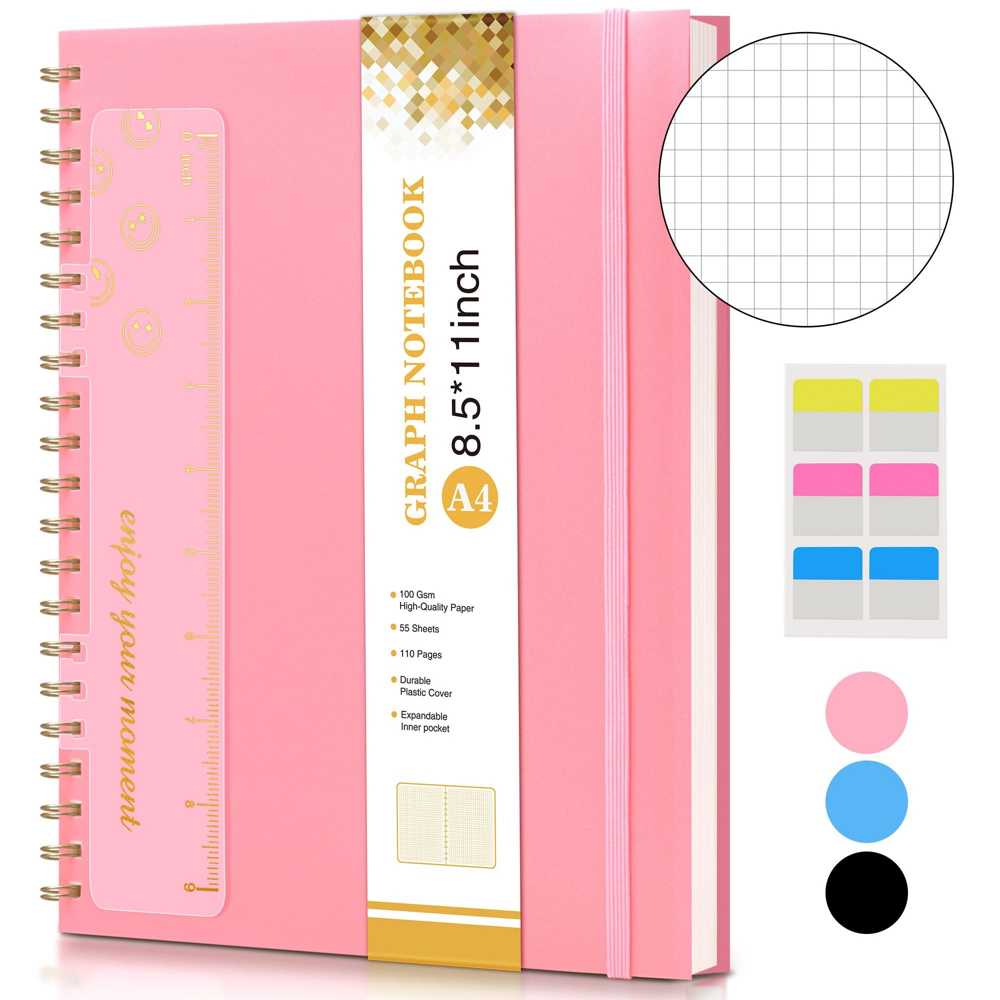 Graph Paper Notebook Spiral Notebook Journal 8.5" x 11" A4 Large Grid Notebook for Women Men 100GSM Square Paper Plastic Hardcover Spiral Graph Journal for Work, School, Engineering, Pink