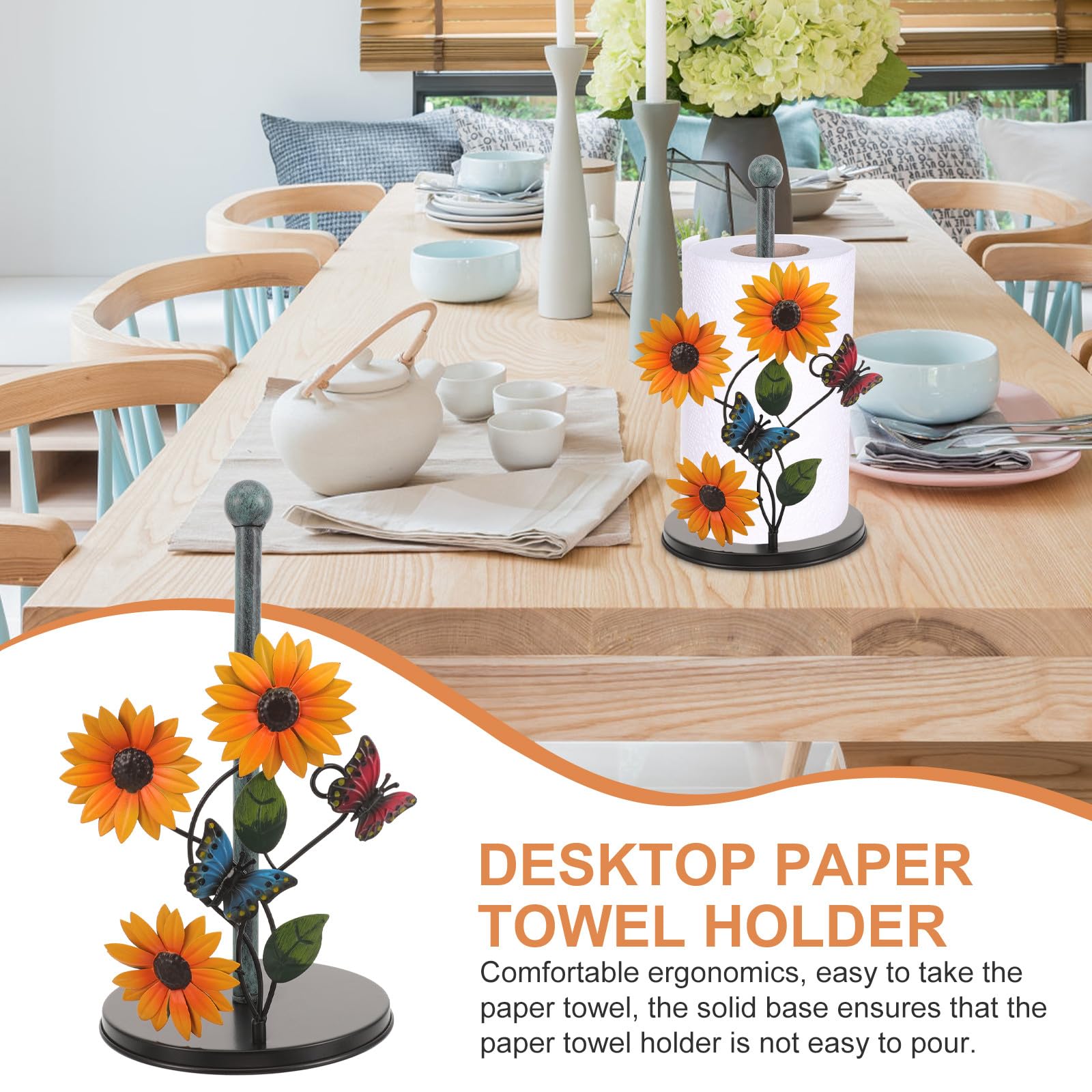 Mobestech Portarotolo da Cucina in Metallo Stile Girasole Farfalle, Porta Carta Verticale Robusto e Decorativo per Soggiorno, Sala da Pranzo e Cucina, Supporto Portasciugamani Artistico