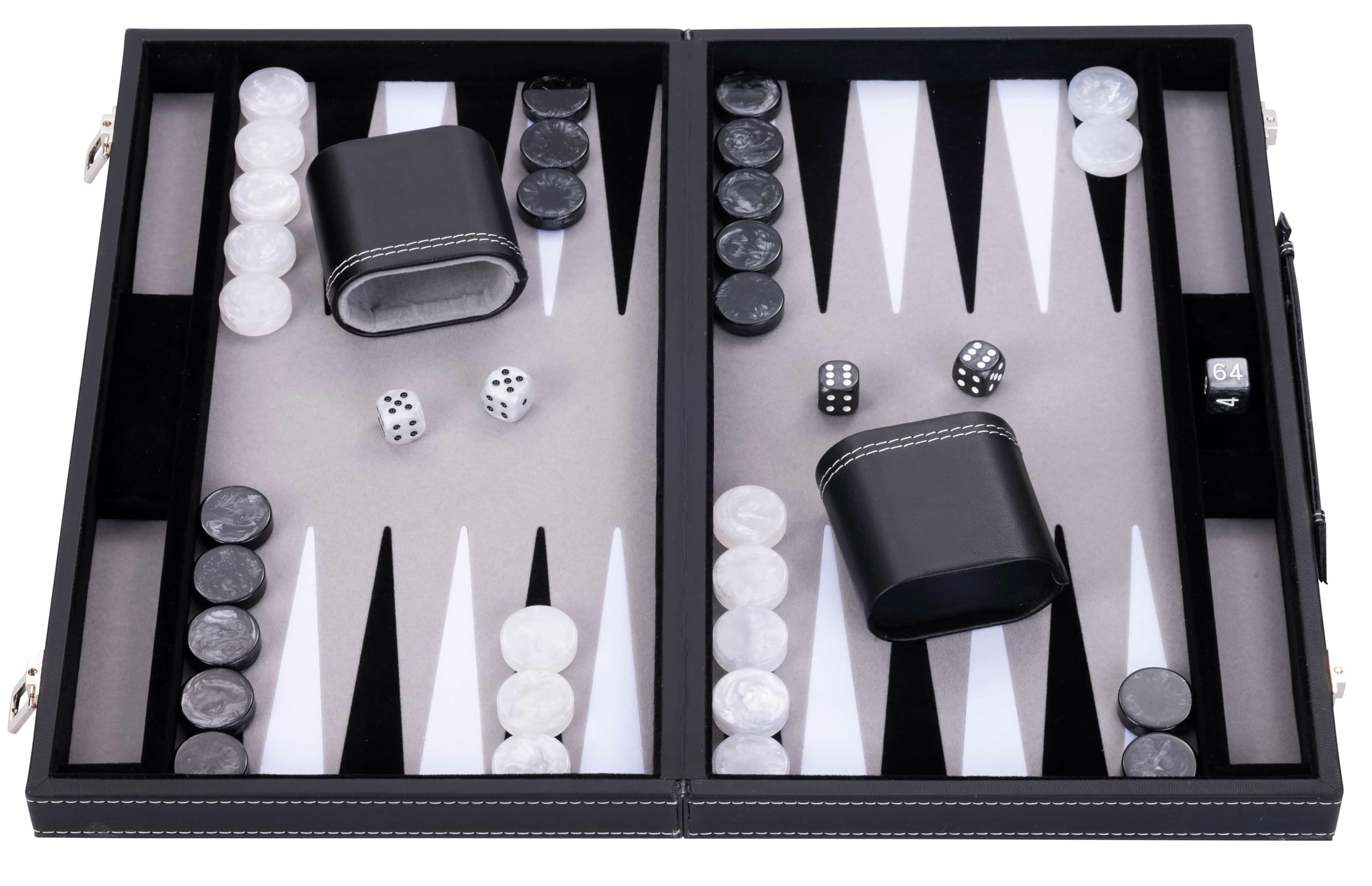 Engelhart - 250506 - Luxus Backgammon - Grau - 38 cm - 15 Zoll - Kunstleder - Filzeinlage - Perlmutt-Würfel und Spielsteine + 2 Becher - Strategie - Backgammon-Spiel