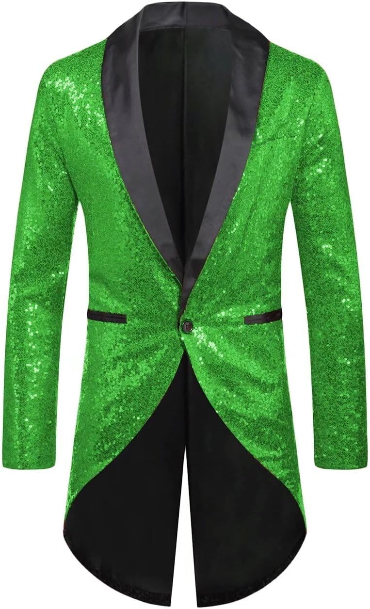 Mens Sequin Tuxedo Tails Slim Fit One Button Tailcoat Dress Coat for Stage Performance Party Prom