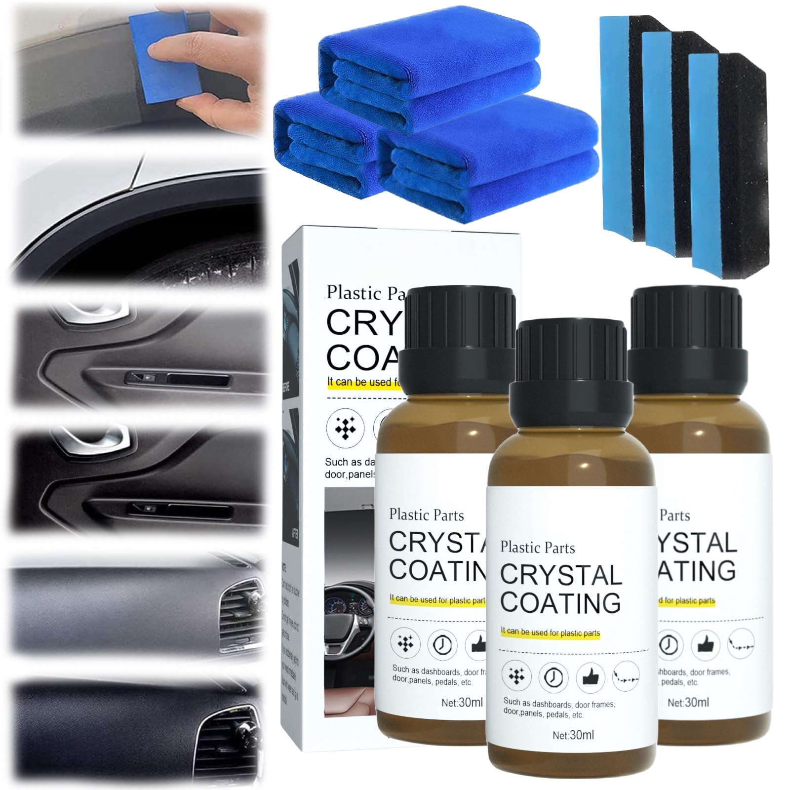 Crystal Coating For Car Plastic Parts, Easy To Use Car Refresher, Great Gloss Protection, Long Duration Plastic Parts Refresher Agent With Sponge For Car, Car Plastic Renovation Coating (3Pcs)