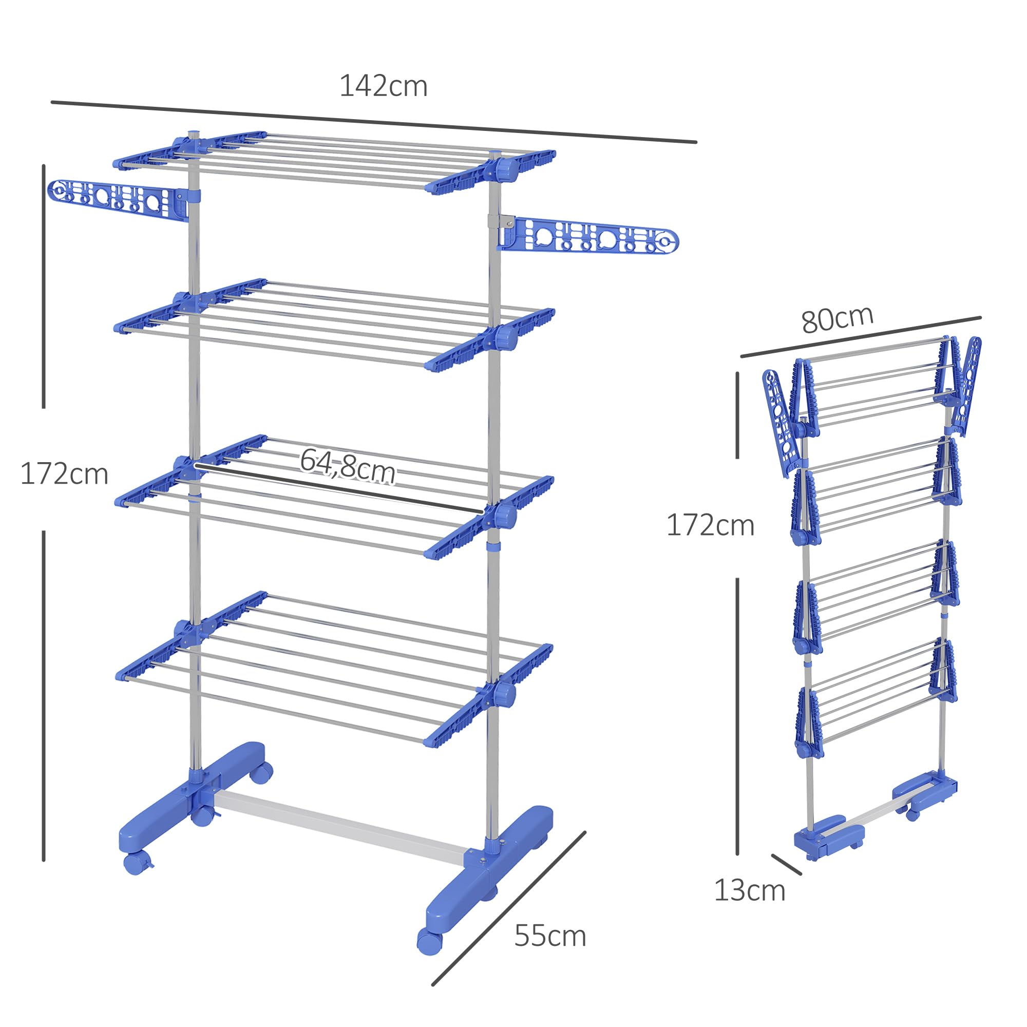 Homcom Wäscheständer Turm Standtrockner mit 4 Ebenen 142x55x172 cm Blau 142L – Bild 3