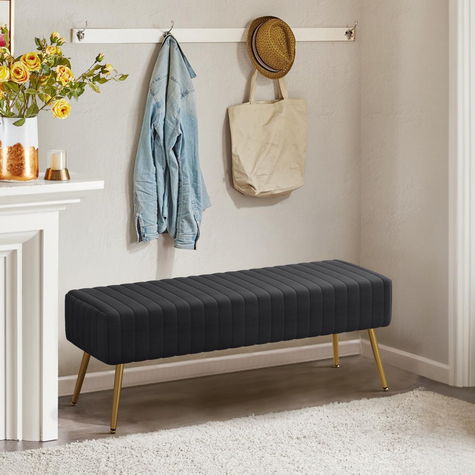 Panca Fondo Letto, Panca Imbottita da Ingresso 113.5x36.5x43cm, Sgabello per Scarpe in Velluto Poggiapiedi Cassapanca con Gambe in Metallo per Camera da Letto Ingresso Corridoio Soggiorno, Nero