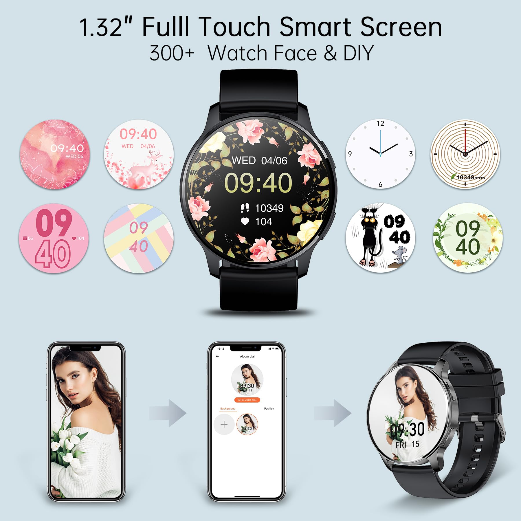 Betatree Smartwatch Uomo Donna,1,32" Orologio Fitness Tracker Chiamate e Risposta Notifiche Messaggi,20 Modalità Sportivo Contapassi Cardiofrequenzimetro Cronometro Smart Watch Android iOS