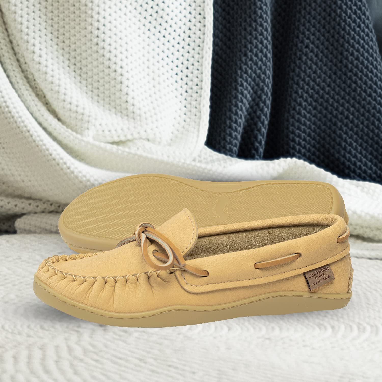 Laurentian Chief Moccasins with 8-Hole Collar for Ladies – Stylish and Comfortable House Slippers with Natural Rubber Sole – Leather Indoor and Outdoor Slippers