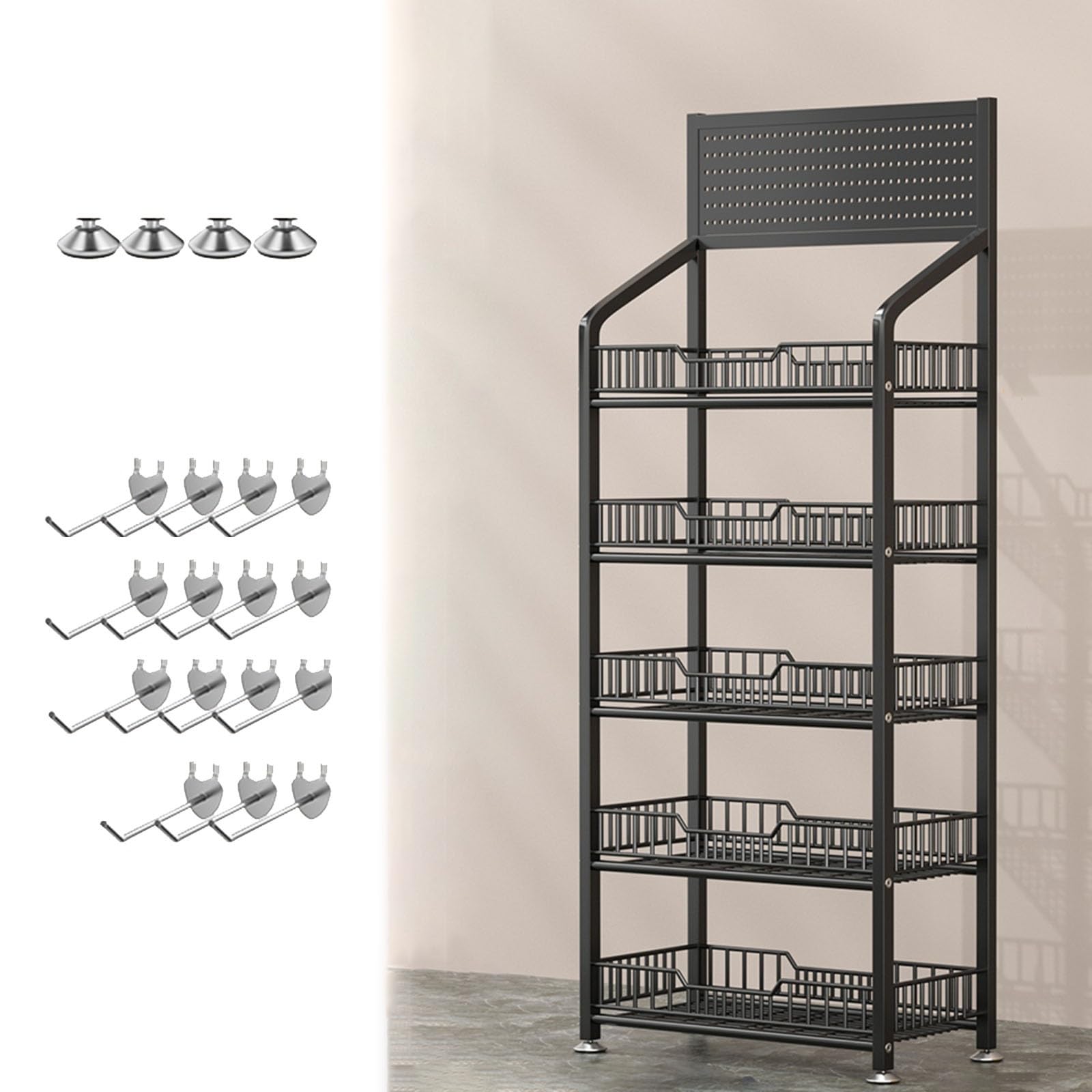 UWYTGF Large Snack Display Rack,Heavy Duty Supermarket Organizer Holder for Living Room Kitchen Retail Store Counter,Carbon Steel Marketing Stand with 15 Hooks,Black,50X28X165Cm/19.7X11X65I