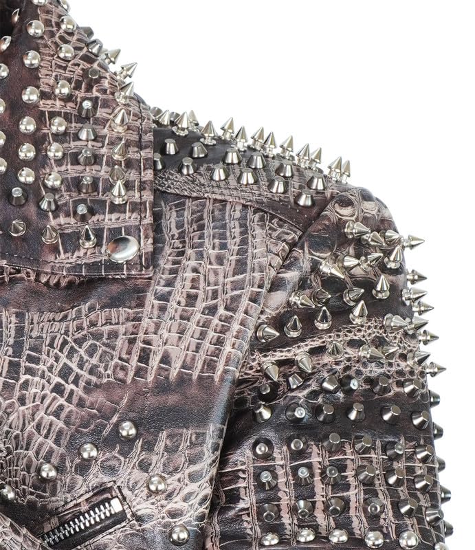 Mens Vintage Python SnakeSkin Pattern Studded Punk Rock Style Leather Biker Jacket Brando Spikes Coat4